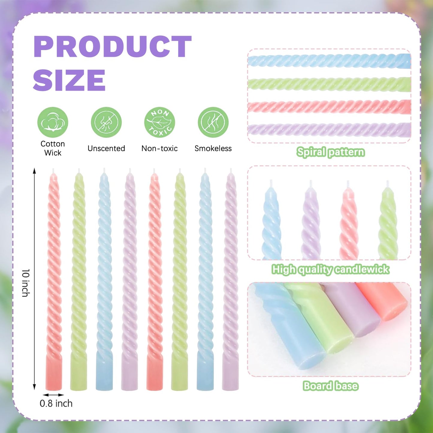 Whaline 8Pcs 10 Inch Easter Pastel Spiral Taper Candles Dripless Twisted Wax Candles Long Unscented Candle Sticks for Spring Home Party Dining Table Supplies