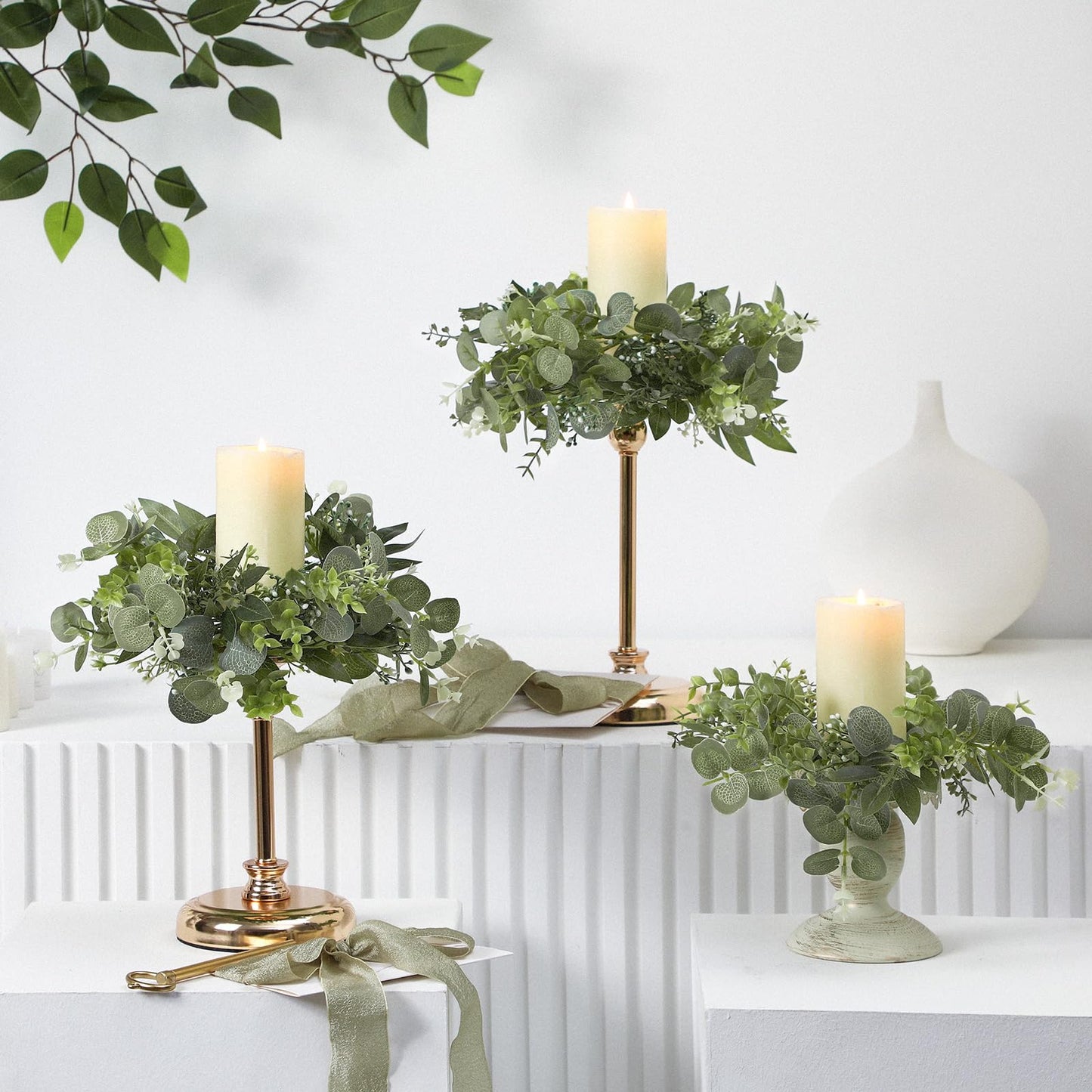 Thiccywoov 6 Pcs Artificial Eucalyptus Leaves Candle Rings Wreaths 9. 8 Inch Small Boho Greenery Wreath Pillar Candle Holder for Candleholders Kitchen Cabinet Wedding Home Door Table Decor