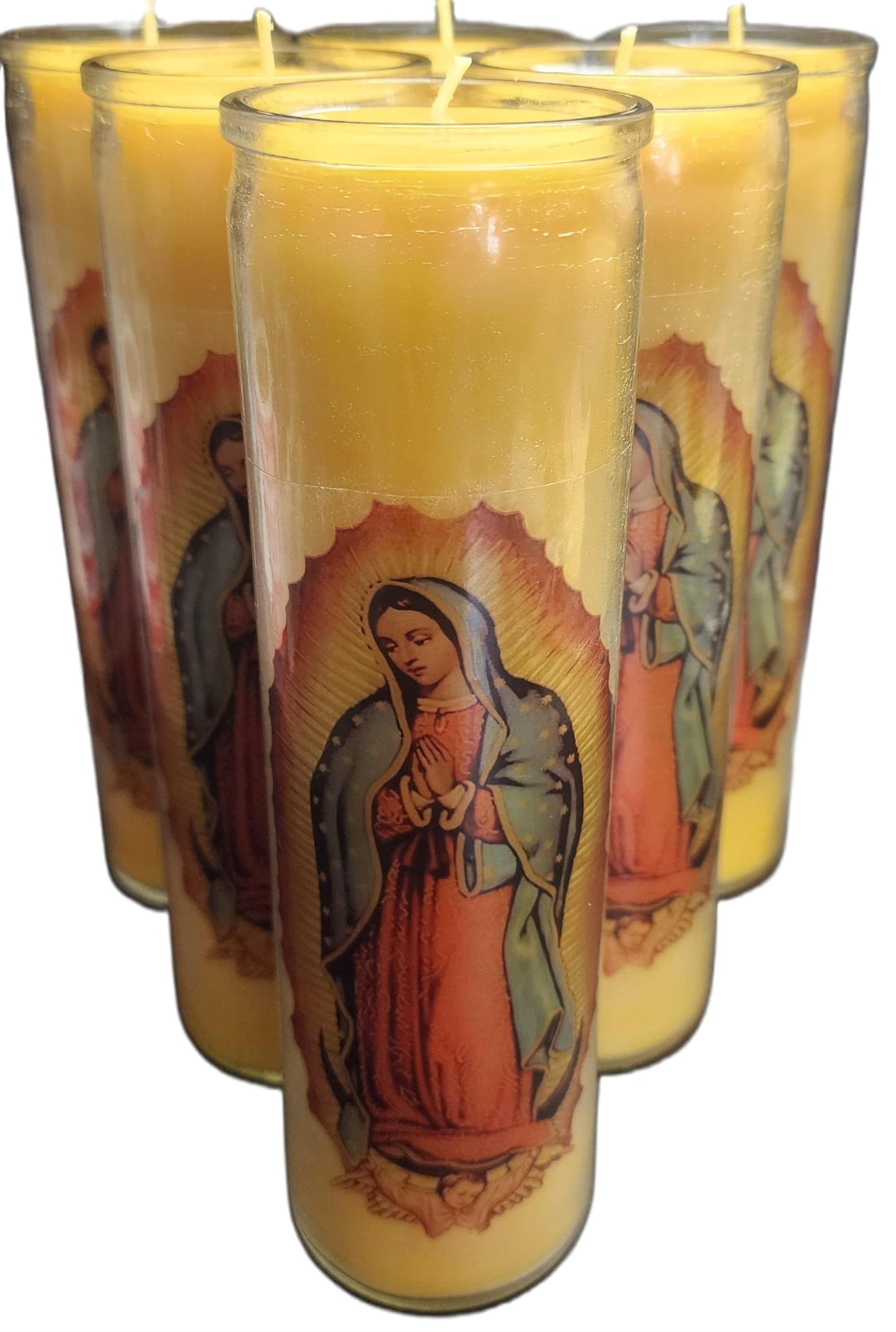 100% Beeswax Devotional Candle, Our Lady of Guadalupe Glass Prayer Candle, 8" H x 2" W, 100 Hours Burning time Made in USA. (6)