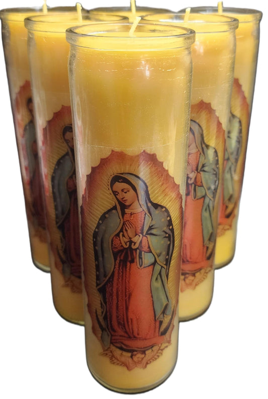 100% Beeswax Devotional Candle, Our Lady of Guadalupe Glass Prayer Candle, 8" H x 2" W, 100 Hours Burning time Made in USA. (6)