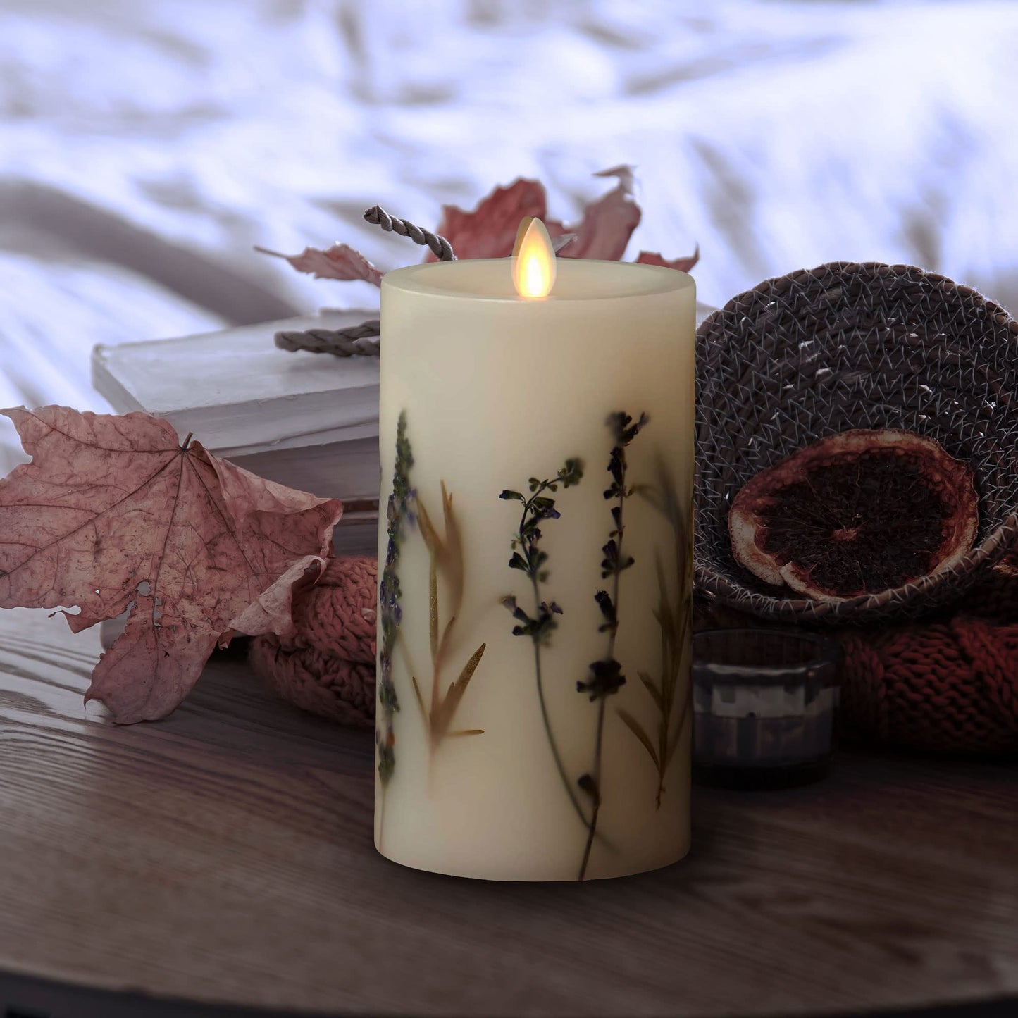 Luminara Realistic Artificial Moving Flame Pillar Candle with Lavender & Rosemary Inclusion - Moving Flame LED Battery Operated Lights - Remote Ready - Remote Sold Separately - 3.25" x 6.5"