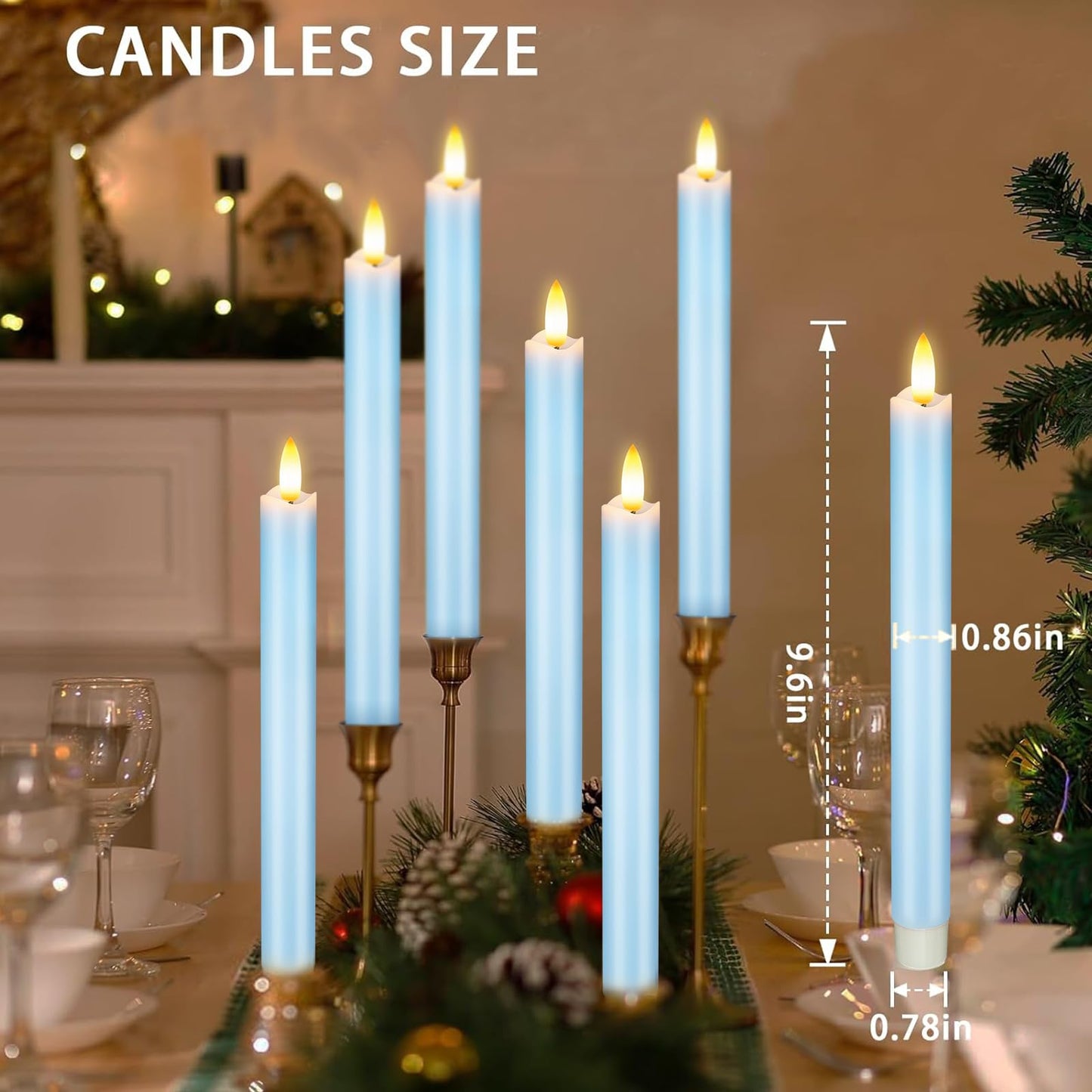KSWING Upgraded Real Wax LED Flameless Light Blue Taper Candles with Remote, 6 PCS Candlesticks Battery Operated 3D Flickering - 9.6" Long Realistic Fake Candle Sticks for Home/Wedding/Xmas Decor