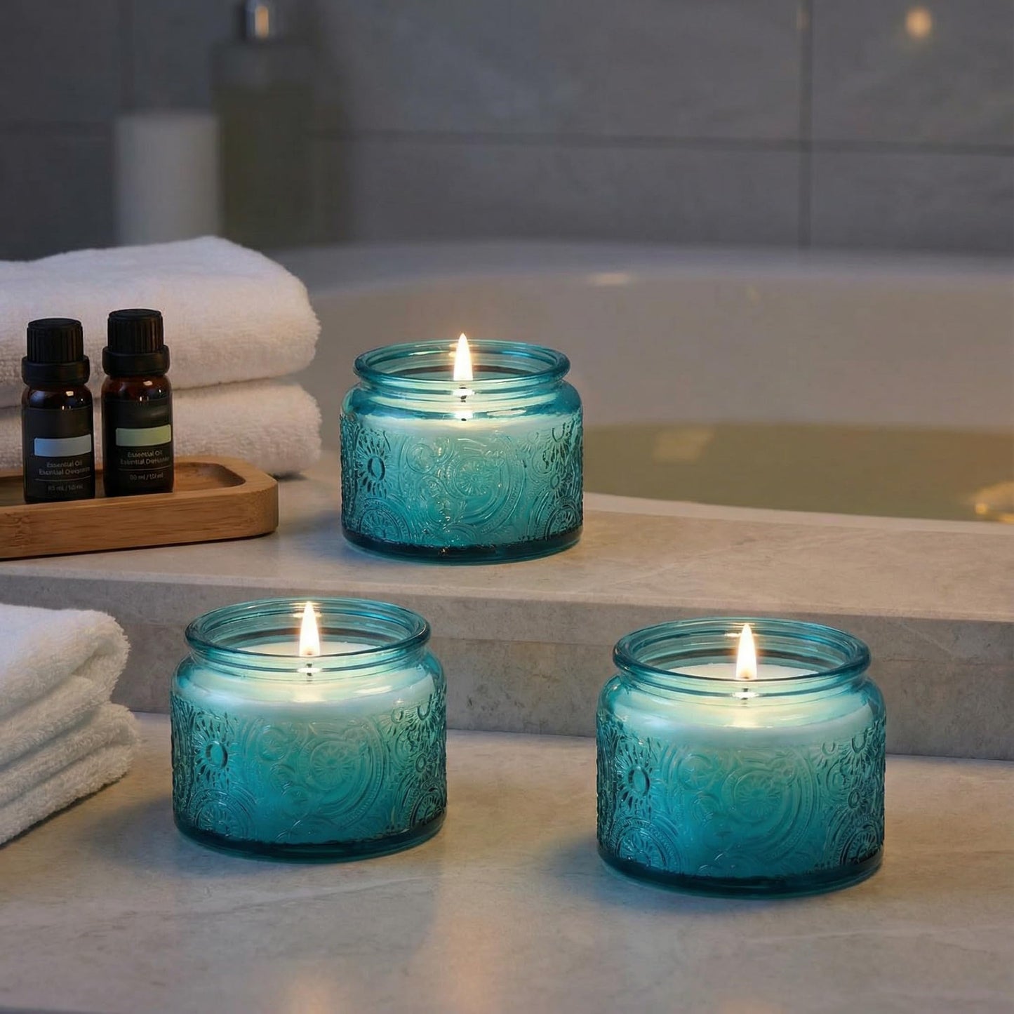 18-Pack 4oz Embossed Glass Candle Jars with Lids and Labels - Sun Moon Stars Design (Blue)