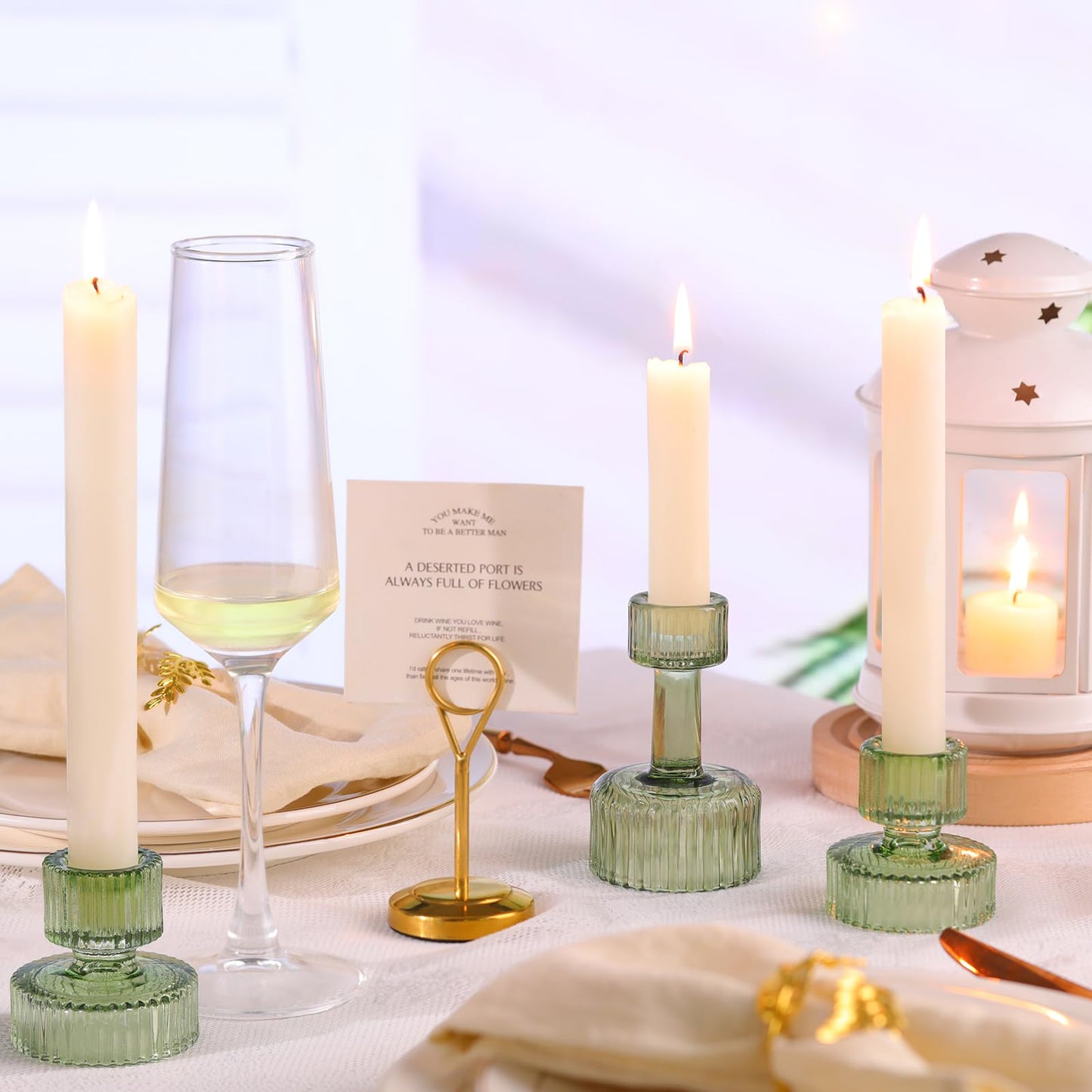 Lanttu Green Glass Taper Candle Holders Set of 6 Candlestick Holders Bulk Combination Candle Holders Crystal Candle Holders for Wedding, Table Centerpiece, Home Decoration