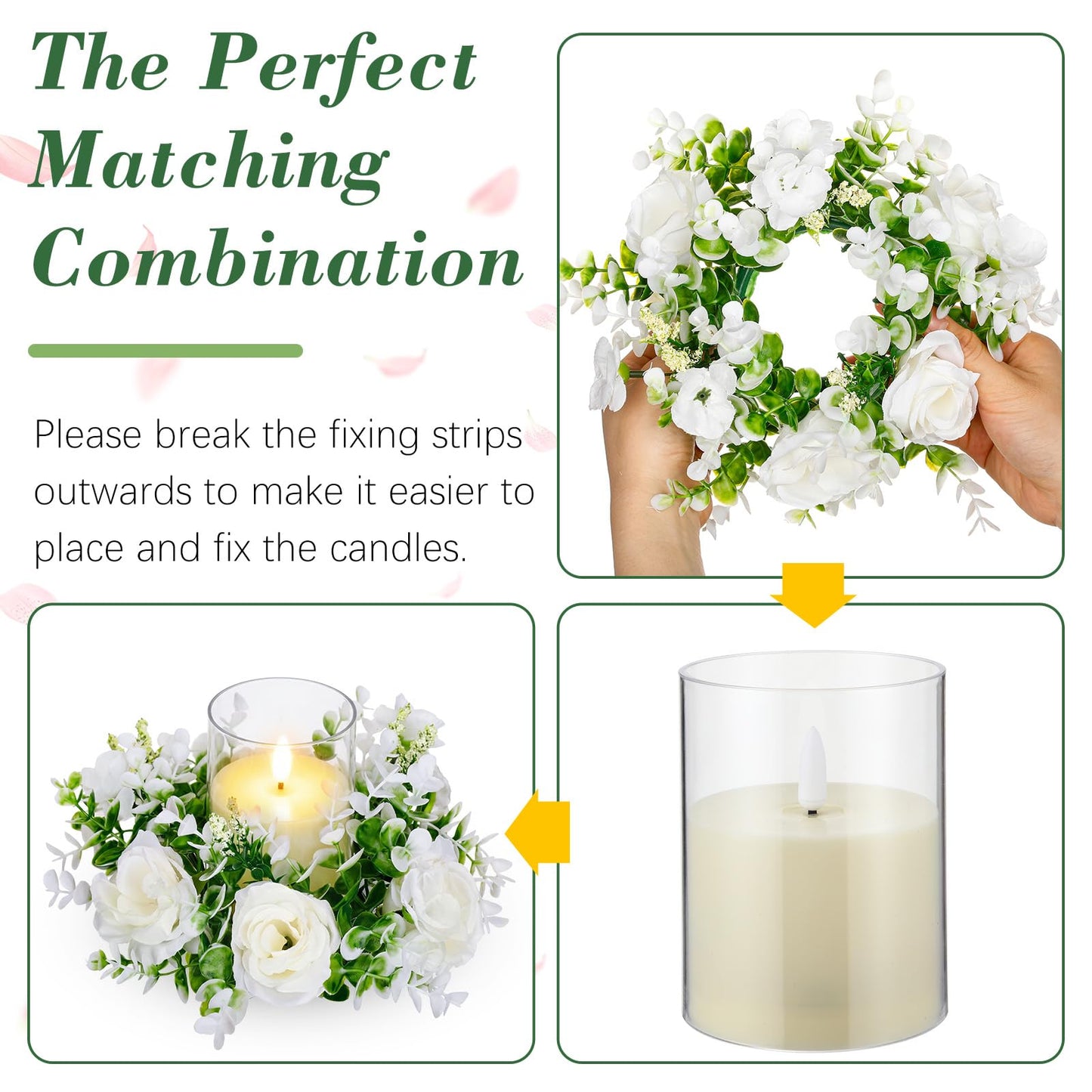 Yunlly 4 Pcs White Rose Candle Wreaths Rings Roses and Green Leaves Candle Holder Rings with LED Flameless Candles, 9.5" Wide for Wedding Windows Table Centerpieces