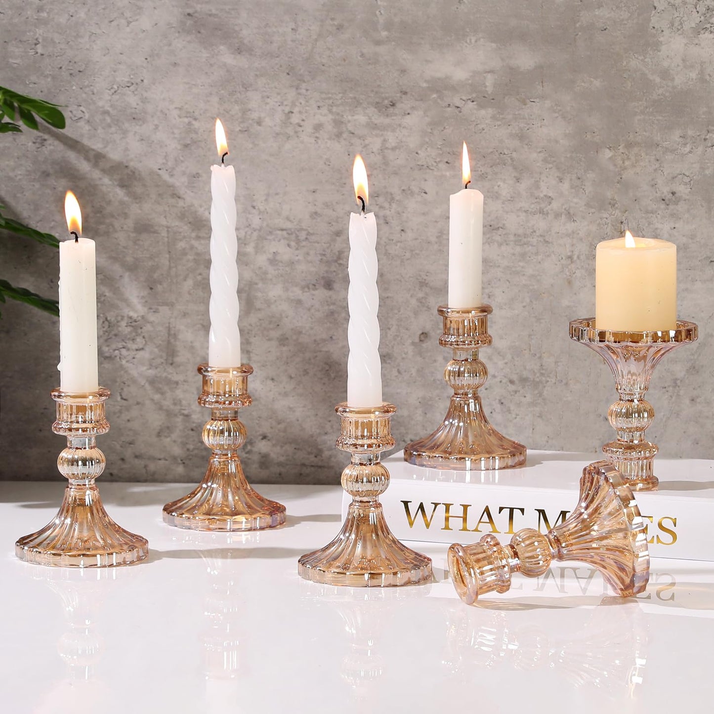 6 Pcs Golden Glass Taper Candle Holders – 4" Ribbed Candlestick Holders for Standard Candles | Elegant Centerpiece for Wedding, Party, Holiday & Home Decor