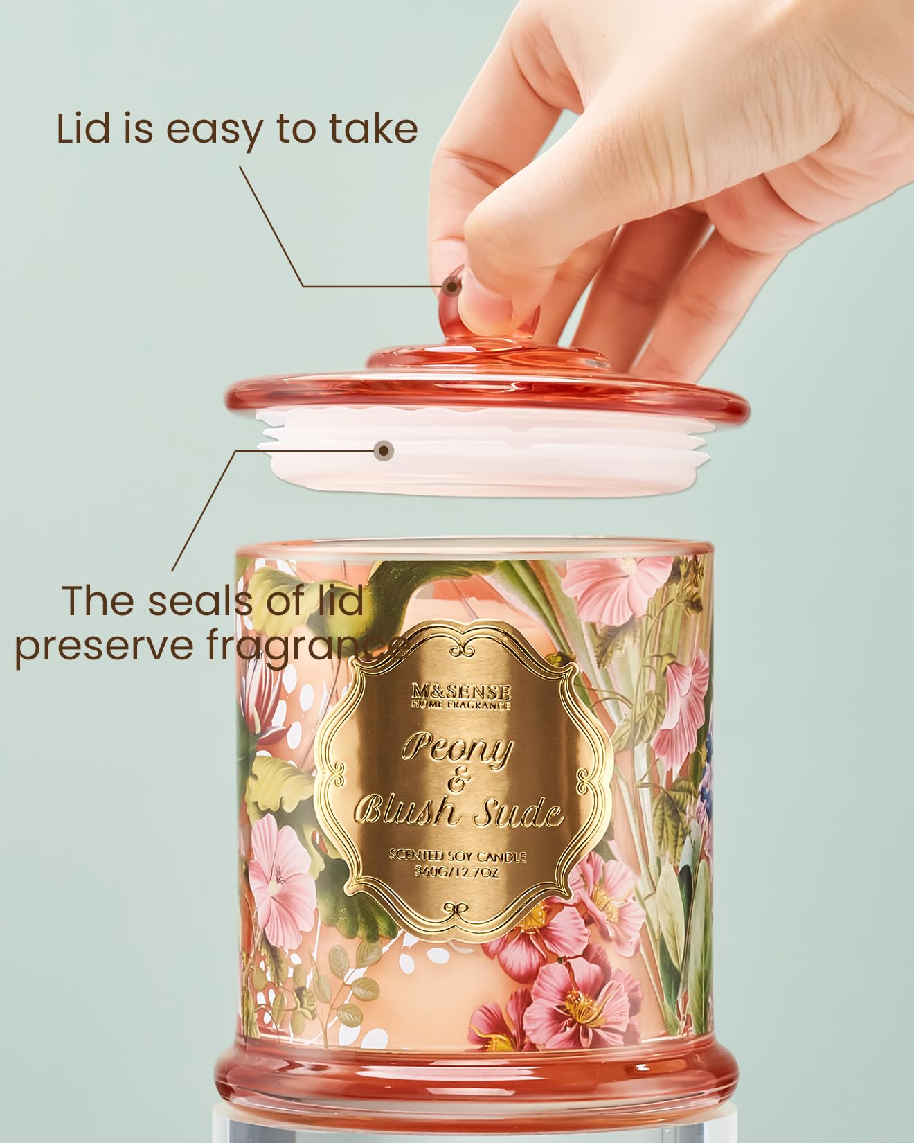 M&SENSE Peony Blush Sude Scented Candles, Summer Floral Scented Natural Soy Wax Candles, 12.7oz Large Candle Non Toxic 75 Hours Burning, Gifts for Women