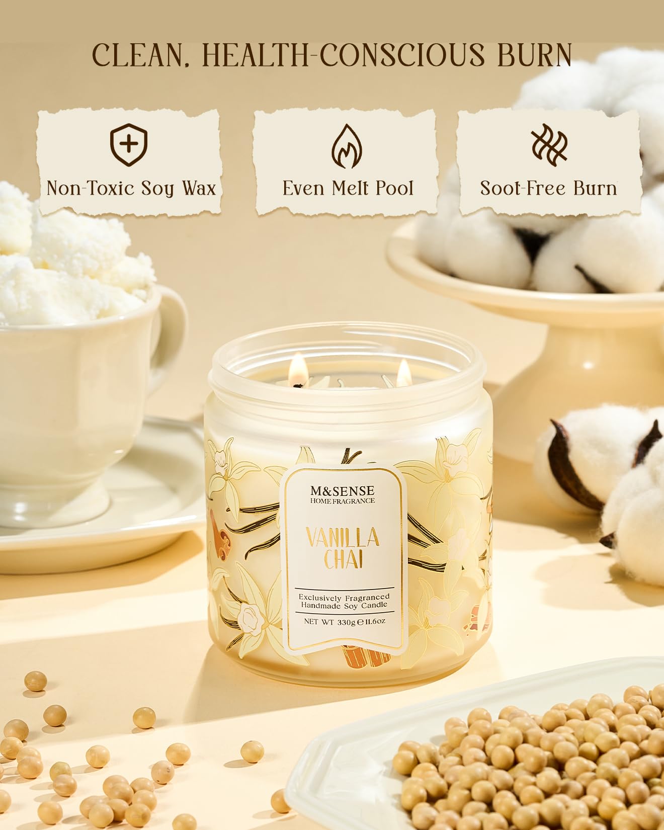 M&SENSE Vanilla Chai Scented Candle, 11.6oz Natural Soy Wax, 70 Hours Long Lasting Clean Burn, Holiday Jar Candle for Home Decor, Non-Toxic Relaxing Aromatherapy Gifts for Women