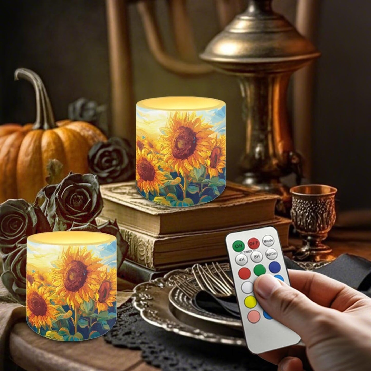 Cozeyat Sunflower Flameless Candles 4 Pack Battery Operated with Remote Control Timer LED Pillar Candles Waterproof for Indoor Outdoor Use