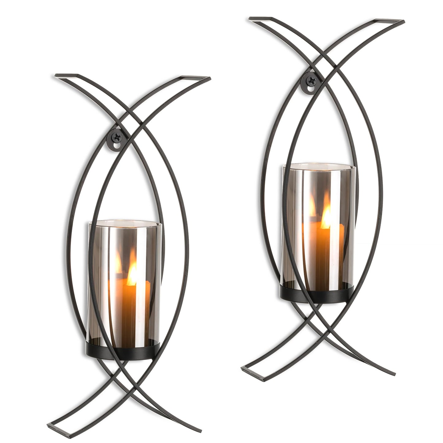 Walasis Black Candle Sconces Decorative Wall Art Set of 2 - Hurricane Candle Wall Sconce Decor Iron Two Modern Wall Candle Holders for Indoor Fireplace Kitchen Dining Room