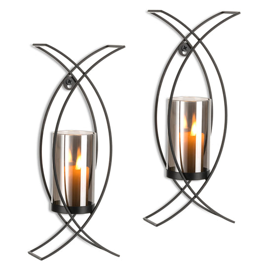 Walasis Black Candle Sconces Decorative Wall Art Set of 2 - Hurricane Candle Wall Sconce Decor Iron Two Modern Wall Candle Holders for Indoor Fireplace Kitchen Dining Room