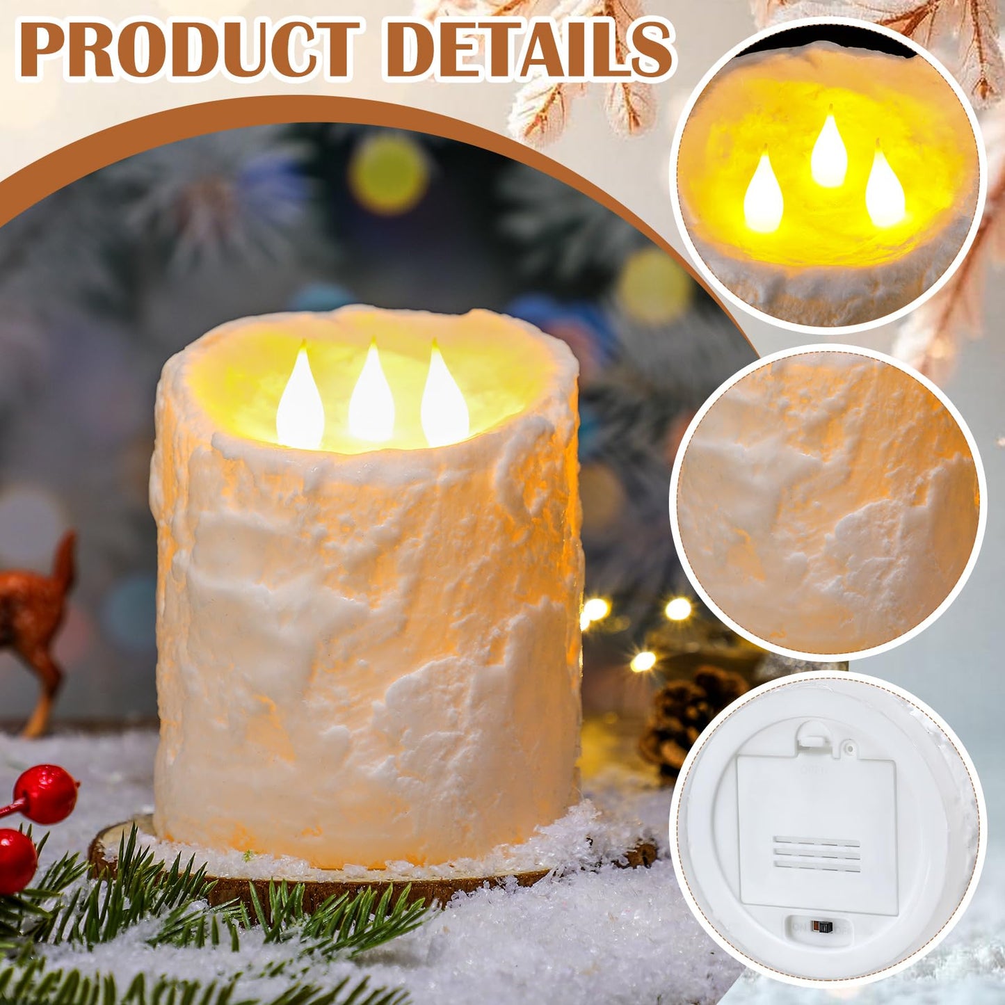 Baquler Large Flameless LED Battery Operated Pillar Candle - 3 Wick 5"x4" Snowy Frosted White Flameless Christmas Fake Candle for Xmas Table Centerpiece Holiday Rustic Indoor Home Decor
