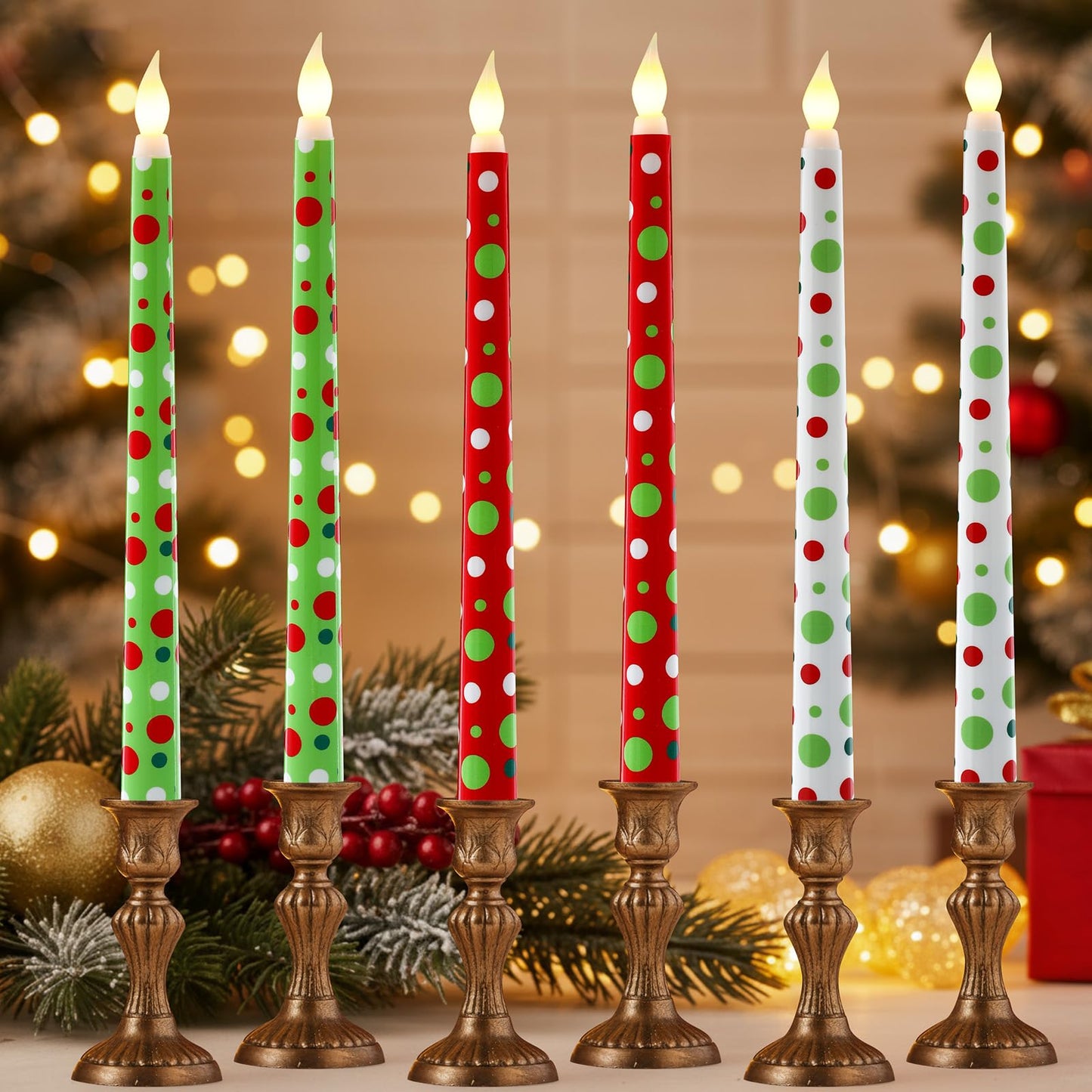 Kittmip 6 Pcs Christmas Flameless Taper Candles 11 Inch Long Polka Dots White Red Green Battery Operated LED Candles Elf Candlestick Table Centerpiece for Xmas Winter Holiday Party Decor