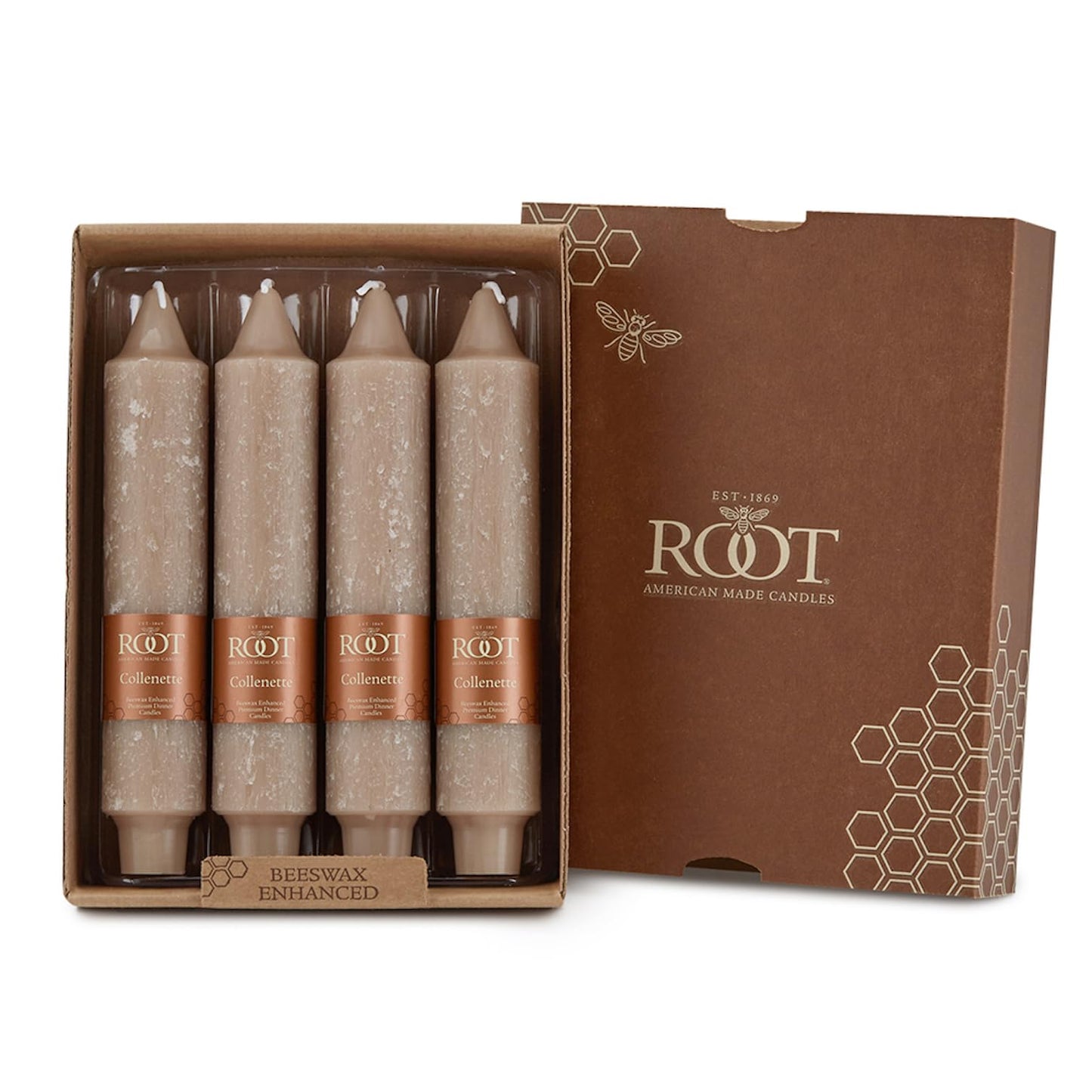 Root Candles 4-Count Unscented Dinner Candles Dripless Beeswax Enhanced Timberline™ Collenette Boxed Candle Set, 7-Inch, Taupe