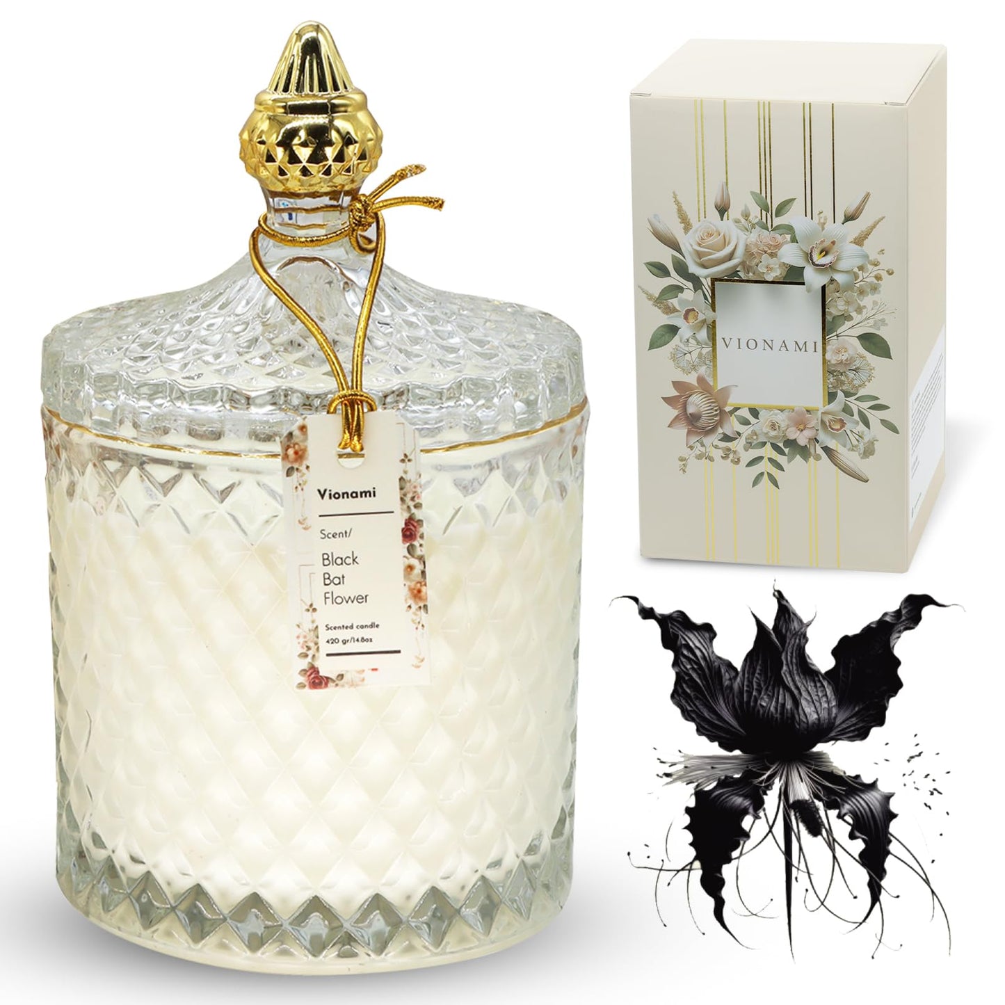 VIONAMI Luxury Scented Candle Gift, Black Bat Rare Flower Fragrance Soy Candle in Glass Jar, 14.8oz, 80Hr Burn, Scented Candles for Women, Birthday Gift for Her, Luxury Candles for Women