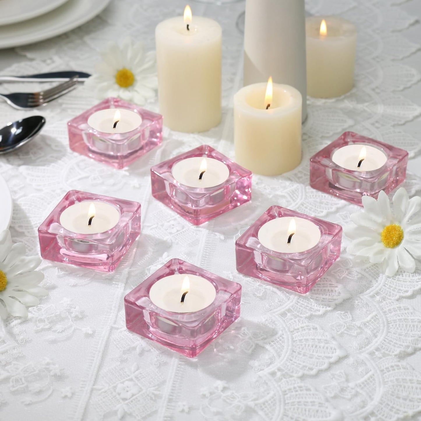 CHOCSTAY Tealight Candle Holder Set of 6, Pink Glass Candle Holder Heat-Resistant Square Holders for Wedding, Party, Home Décor