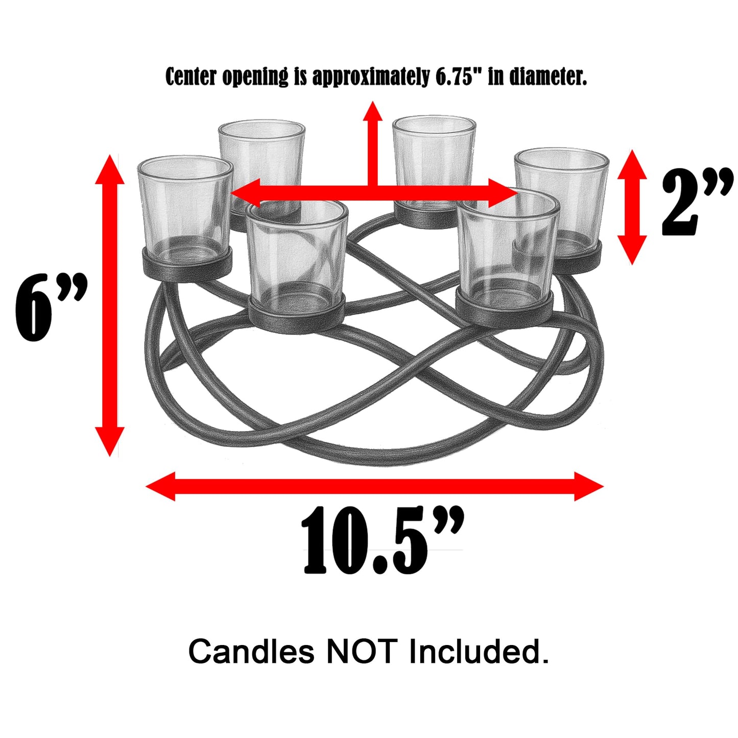 Seraphic Candle Holder Centerpiece for Tables, Outdoor Patio Umbrella Centerpieces, Round Dining Room Table Decor, Wrought Iron 6 Cup Candelabra, Modern Rustic Kitchen Island Tabletop, Black/Clear