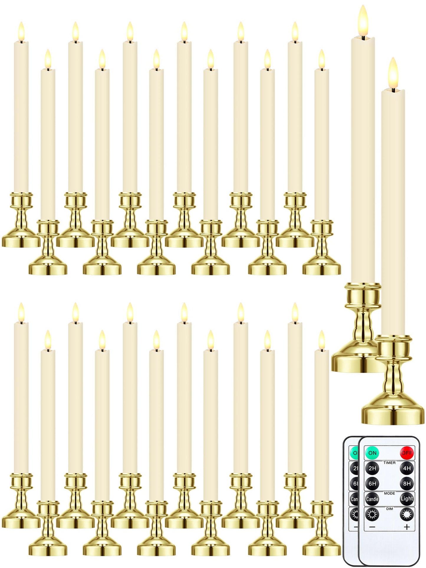 VIHOSE 24 Pcs Flameless Taper Candles with Holders Remote Timer Battery Operated Candles Bulk LED Candlesticks Flickering for Valentines Wedding Home Window Carnival Party Decor(Gold,Elegant Style)