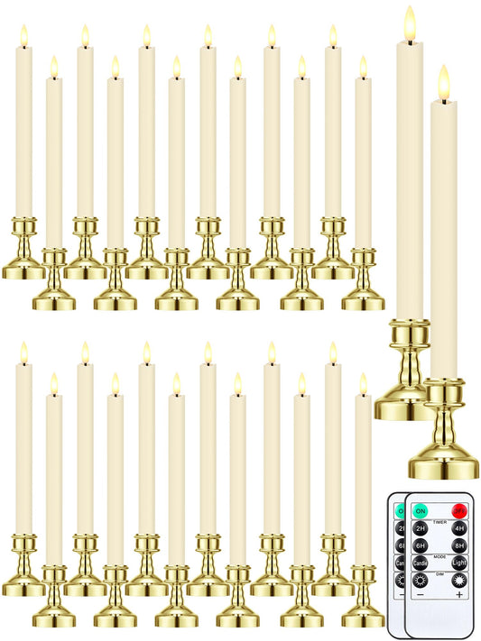 VIHOSE 24 Pcs Flameless Taper Candles with Holders Remote Timer Battery Operated Candles Bulk LED Candlesticks Flickering for Valentines Wedding Home Window Carnival Party Decor(Gold,Elegant Style)