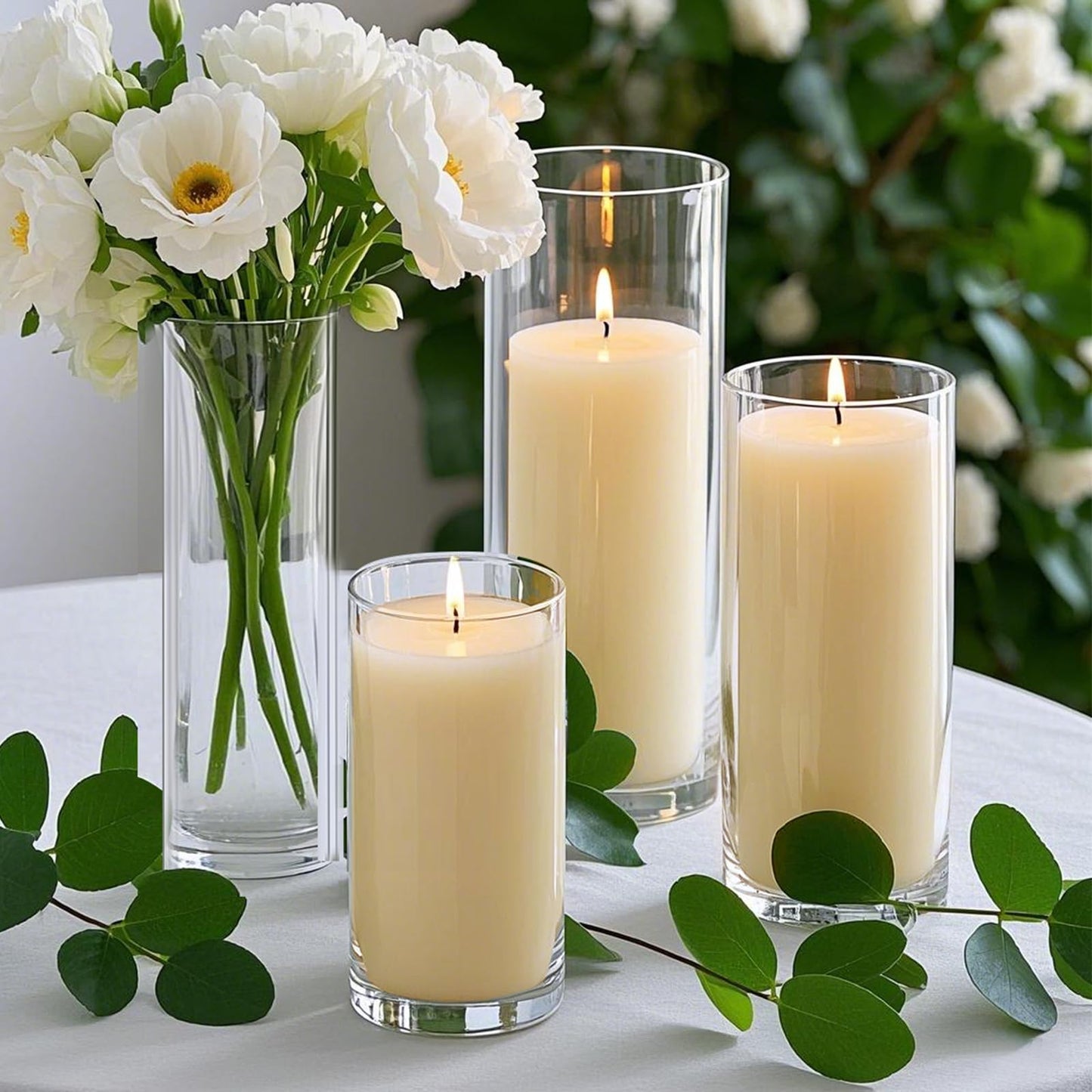 24 PCS Ivory White Pillar Candles with Glass Candle Holders Clear Hurricane Candle Holders Glass Cylinder Vases for Centerpieces Wedding Party, Event, Home Office (12 Candles+12 Candle Hoders)