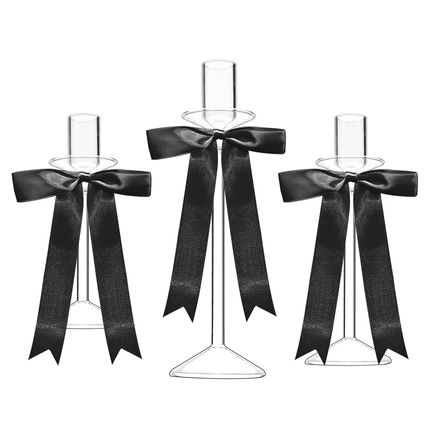 CHILL RECIPE Bow Candle Holder Glass Taper Candlestick Holders with Built-in Candle Drip Protectors Bows Decor for Table Centerpiece Wedding Party Halloween(Black)