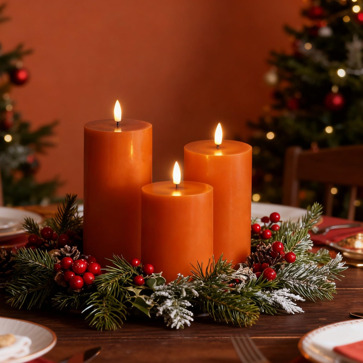 Girimax Burnt Orange Flameless Pillar Candles with Remote, Flickering LED Wax Candles Battery Operated Set of 3