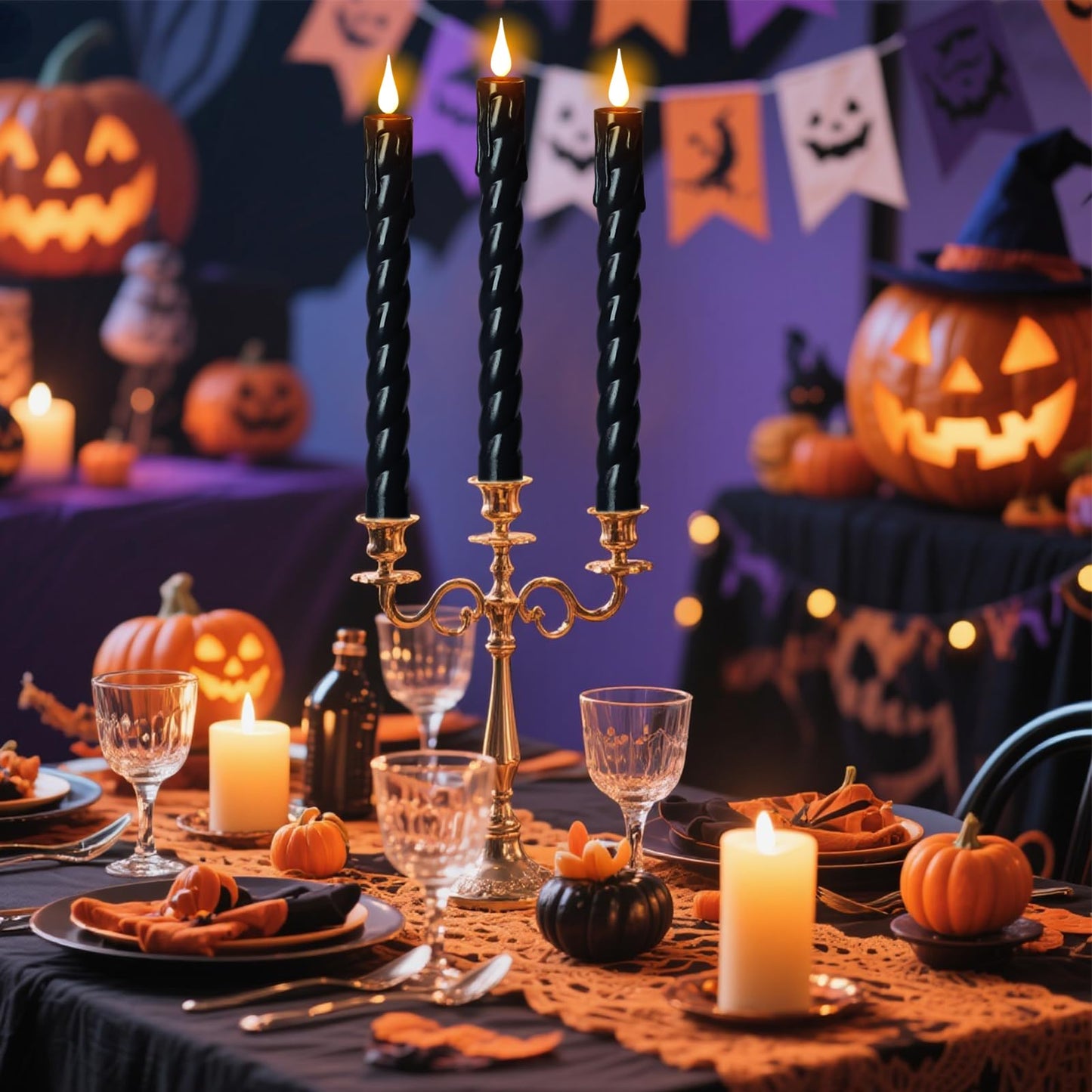 DRomance Flickering Flameless Taper Candles with Remote and Timer, 2 Pack Battery Operated LED Taper Candles 3D Wick Plastic Dripping Effect Dinner Halloween Indoor Decor(Black, 0.78" D x 9.65" H)