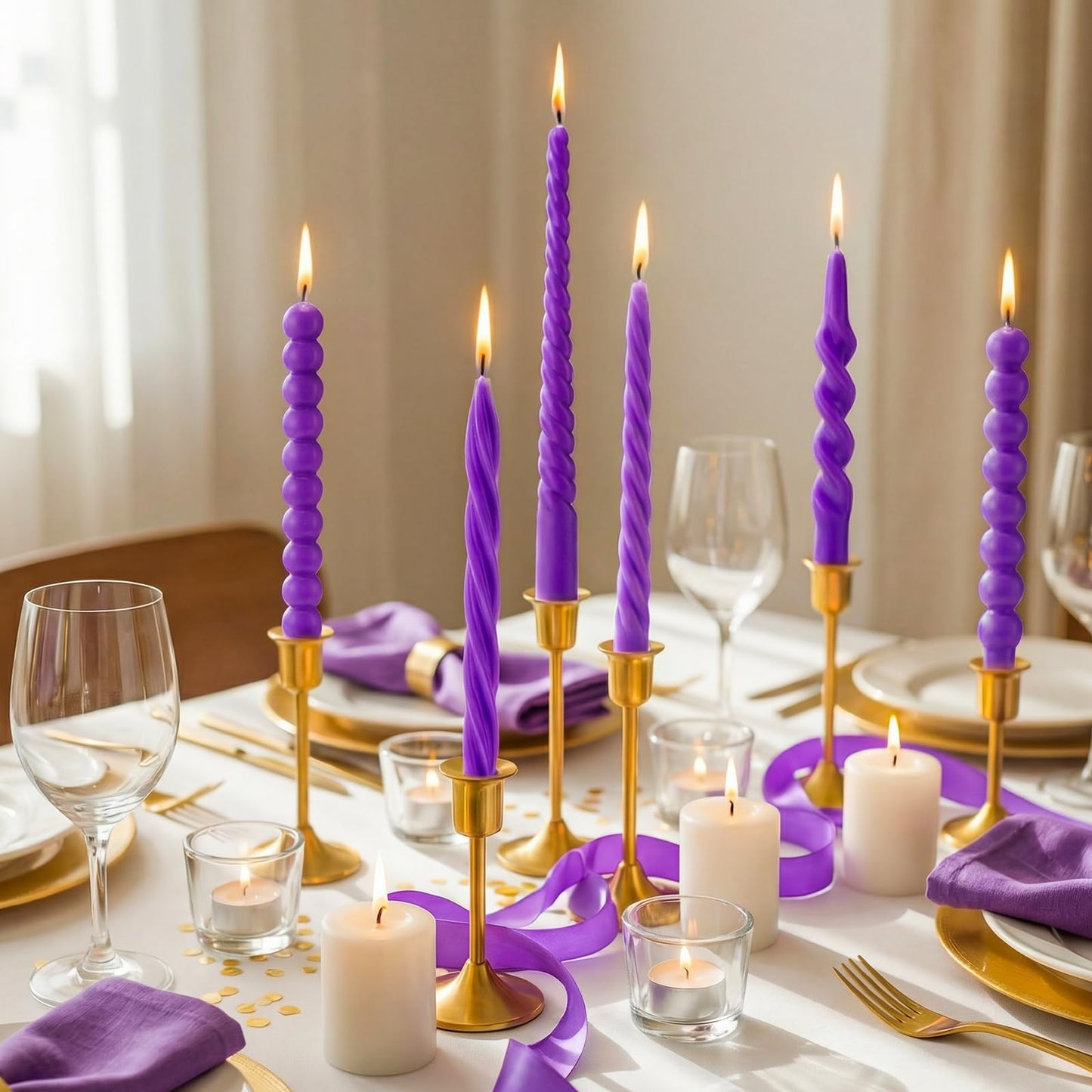 Conelist 10 Inch Purple Twisted Taper Candles Set of 6, Tall Smokeless Twisted Candlesticks for Wedding Holiday Birthday Home Party Decorations