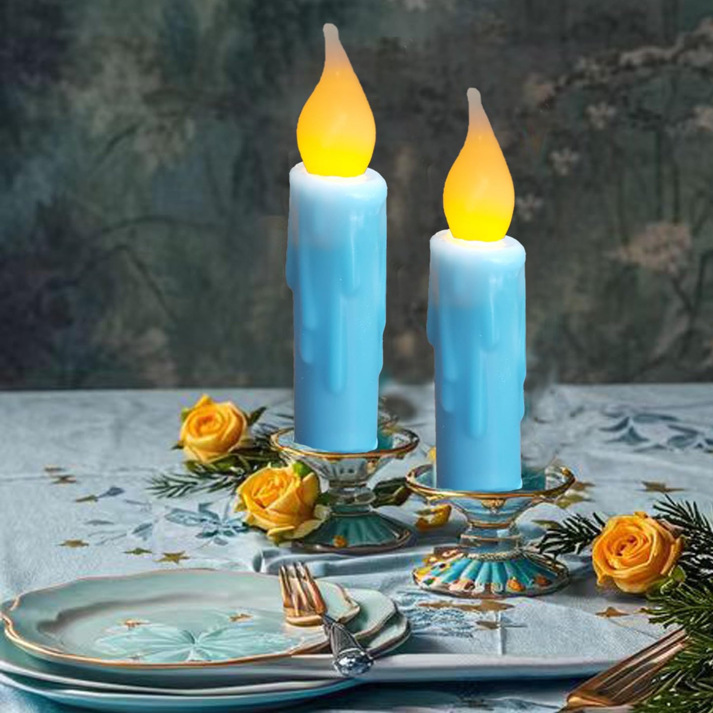 LINCOUNTRY.Primitive Wax Short Taper Candles Battery Operated with Timer Flameless Taper Candles Flickering Flame Small Led Blue Candlesticks for Christmas Halloween Home Decor