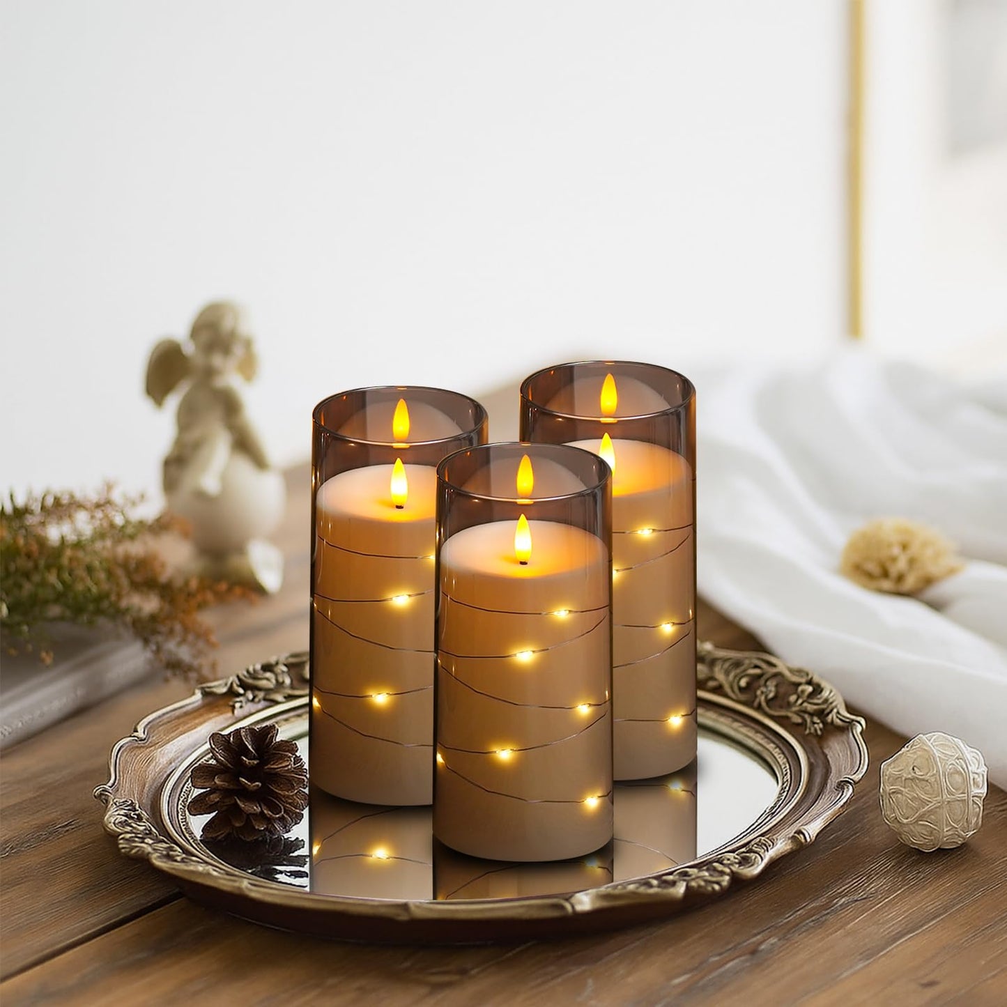 Flickering Flameless Candles with Remote Timer, 6pcs LED Battery Operated Candles with Embedded String Lights Grey, D3 H6