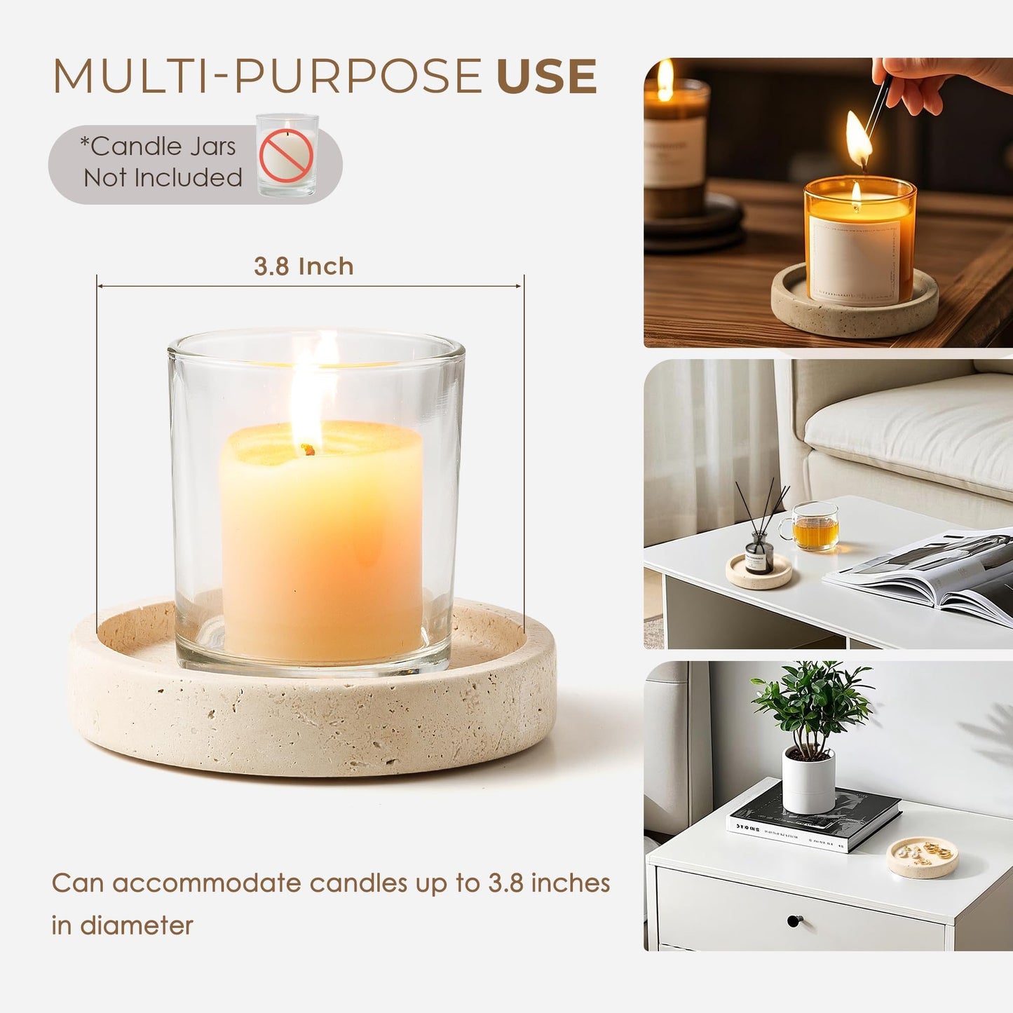 WORHE Candle Holders Italy Premium Natural Marble Candlestick Holder for Jar Pillar Candles Large Round Coaster Plate Jewelry Tray Centerpiece for Wedding Dining Table Home Decor Beige (WH063)