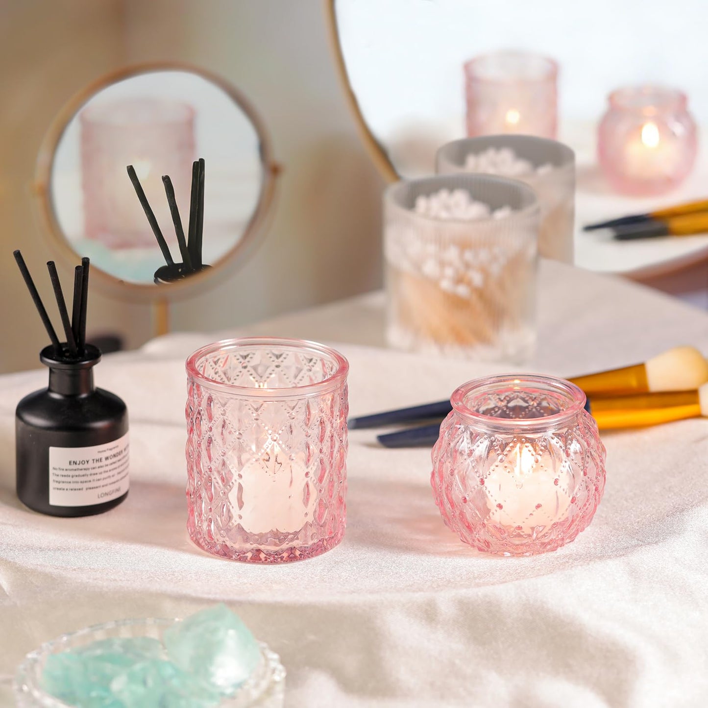 DARJEN Pink Votive Candle Holders- 10Pcs Glass Tealight Candle Holder, Size Upgrade Design for Home Decor, Romantic Candle Holder for Party & Dinner Table Centerpieces, Living Room Decor Gifts