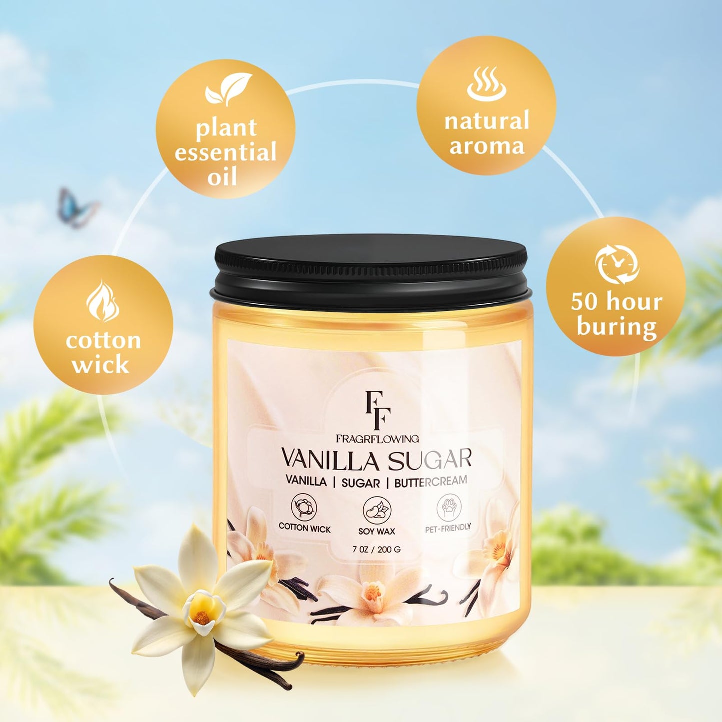 Vanilla Sugar Scented Candle, Natural Soy Wax Jar Candle for Home Scented, 100-Hour Burn Time Gifts for Women Men, 7 oz (2 Pack)