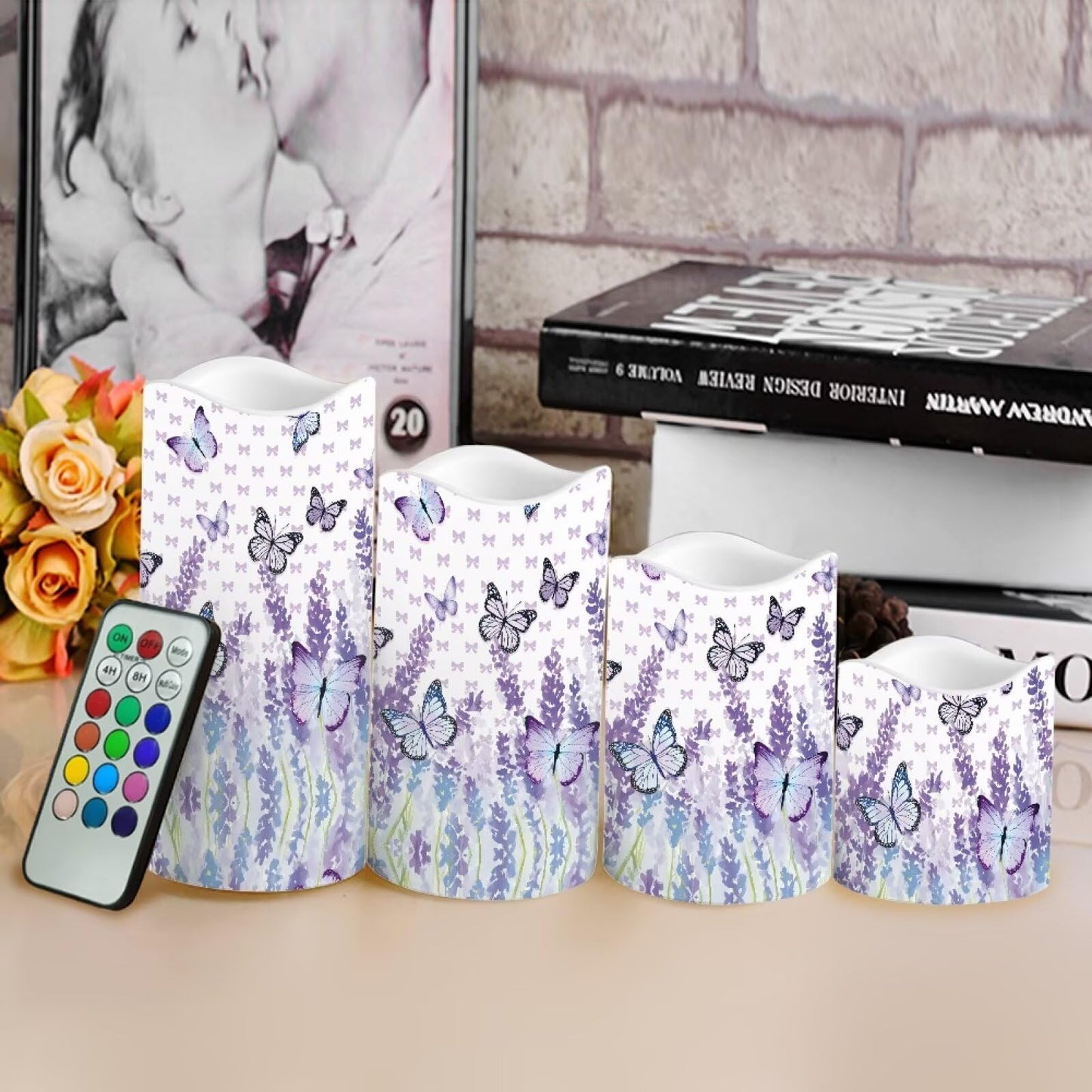 Cozeyat Lavender LED Candles Set of 4 Battery Powered Flameless with Remote Timer Flickering Waterproof for Indoor Outdoor Table Beach Garden Birthday
