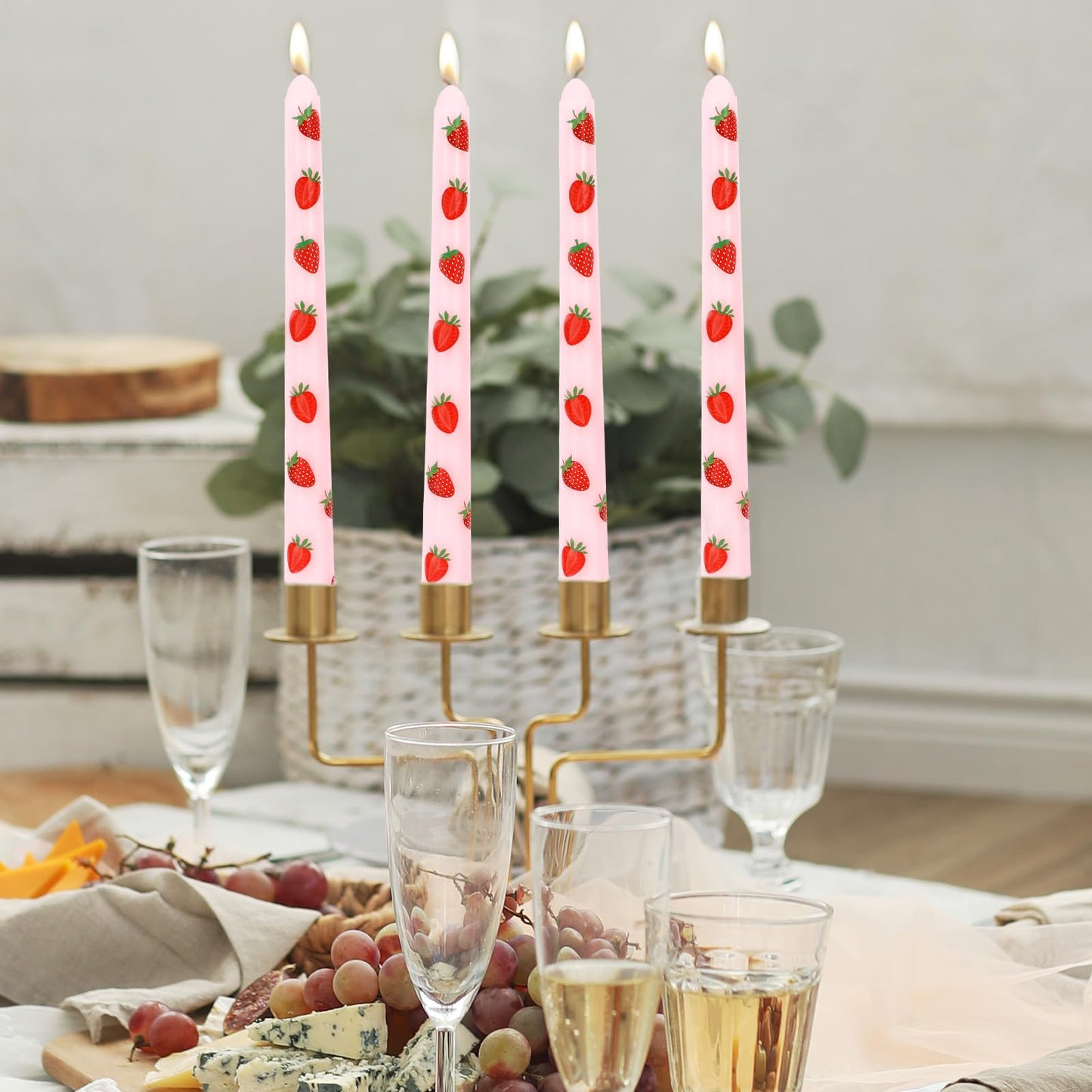 JarThenaAMCS 6Pcs Taper Candles 10 Inch Pink Red Strawberry Decorative Candles Long Unscented Candle Sticks for Holiday Birthday Baby Shower Party Home Table Decor