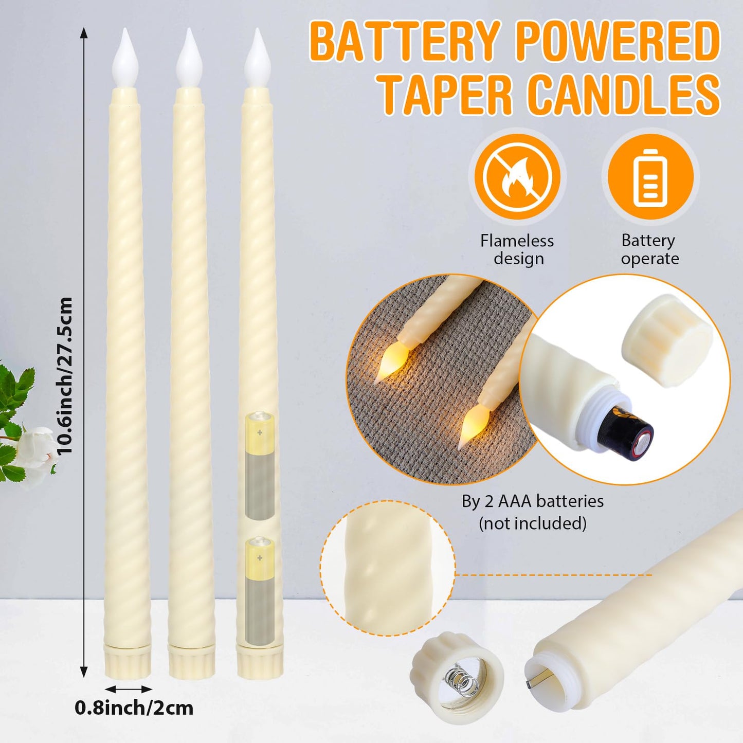 Retisee 50 Pack Easter Flameless Taper Candles 10.6" Spiral Battery Operated Bulk Pastel LED Taper Candles Flickering LED Candlesticks for Easter Wedding Dinner Table Home Decor(Ivory)