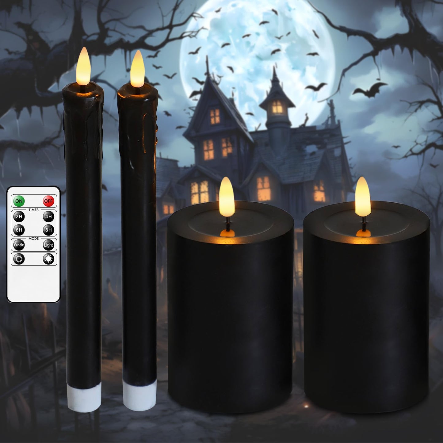 Lezonic Halloween Black Flameless Candles with Remote, Battery Operated Real Wax with Dripping Effect, Flickering LED Candles for Fireplace, Shelf, Centerpiece, Set of 4 (9.5" Taper & 5" Pillar