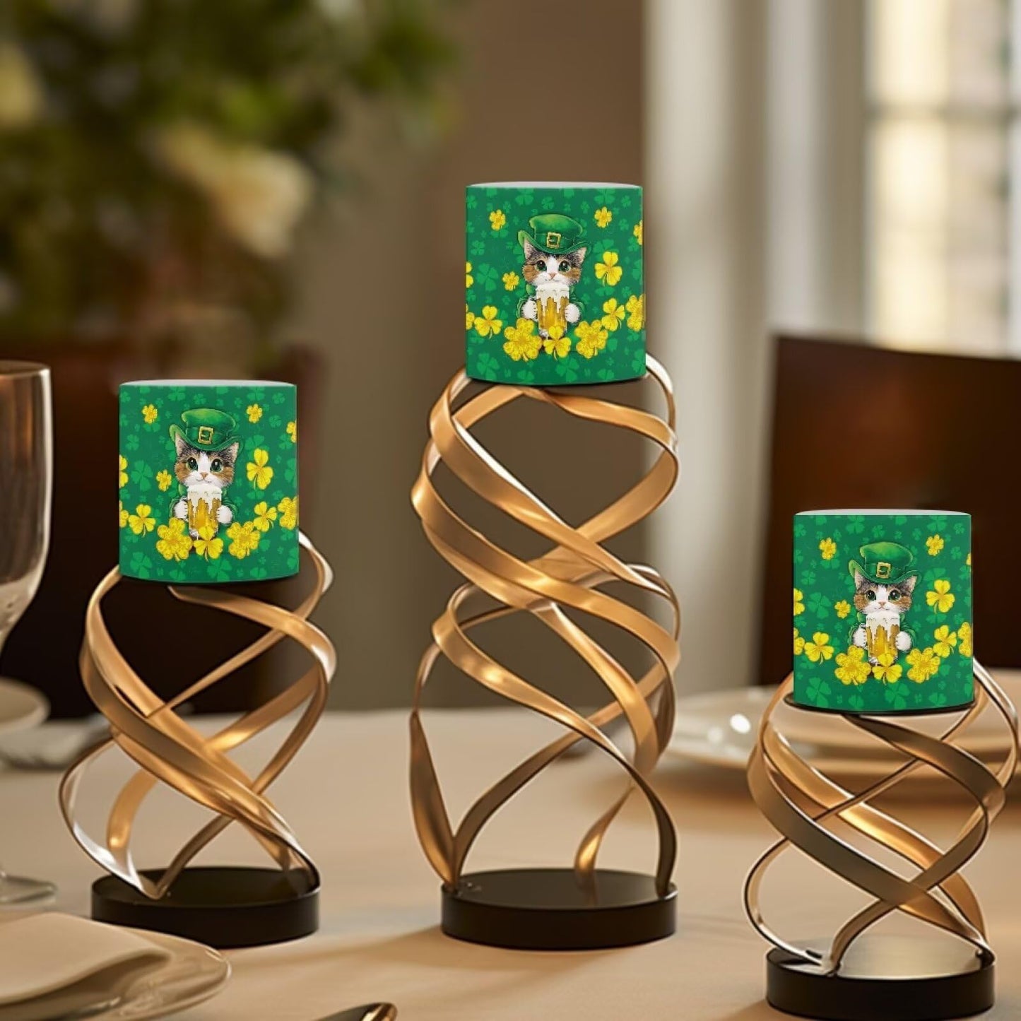 Merkmak 4 Pack Cute Cat Flameless Candles with Timers Flickering Battery Operated LED Candles with Remote St Patrick's Day Shamrocks Tea Lights for Party, Banquet, Home Decoration