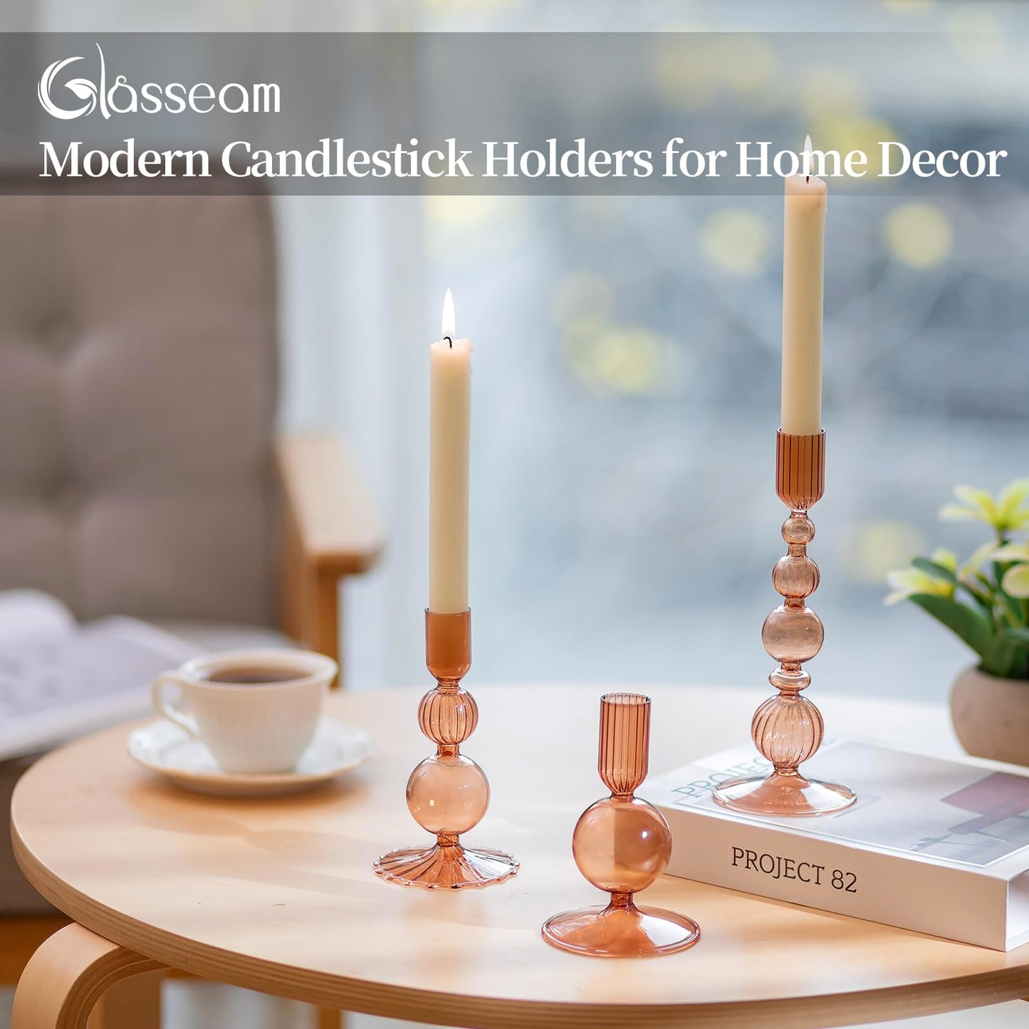 Glasseam Candle Sticks Holder Decor: Amber Glass Candle Holders Set of 3 Modern CandleHolders for Taper Candlesticks Unique Fall Candle Holders for Halloween Centerpiece Table Decor Thanksgiving