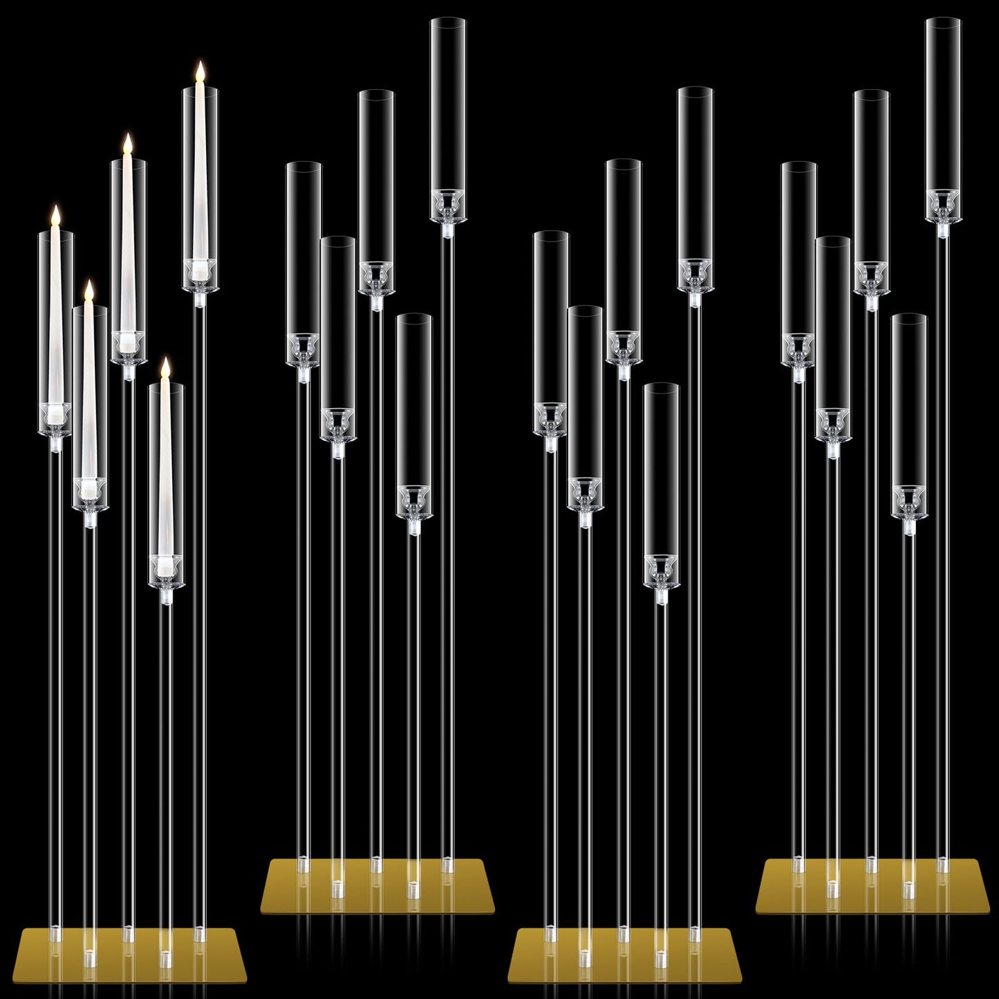 4 Set Floor Candelabra 5 Arm 46.5'' Tall Acrylic Candle Holders Tables Candelabra Centerpieces Wedding Candlestick Set with Clear Lampshade Gold Metal Base for Ceremony Party Home Decoration