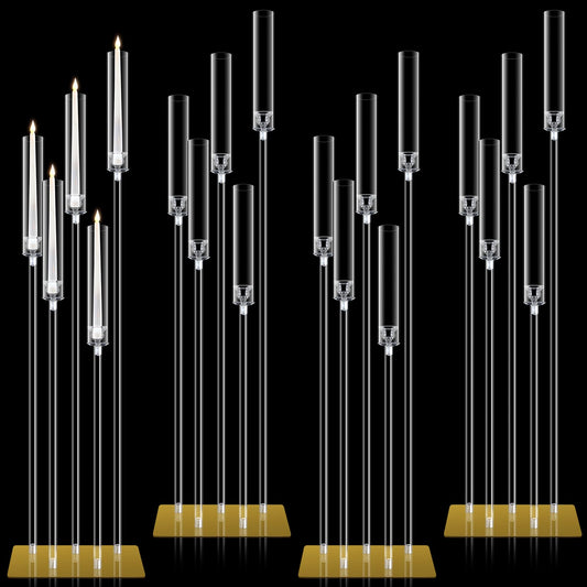 4 Set Floor Candelabra 5 Arm 46.5'' Tall Acrylic Candle Holders Tables Candelabra Centerpieces Wedding Candlestick Set with Clear Lampshade Gold Metal Base for Ceremony Party Home Decoration