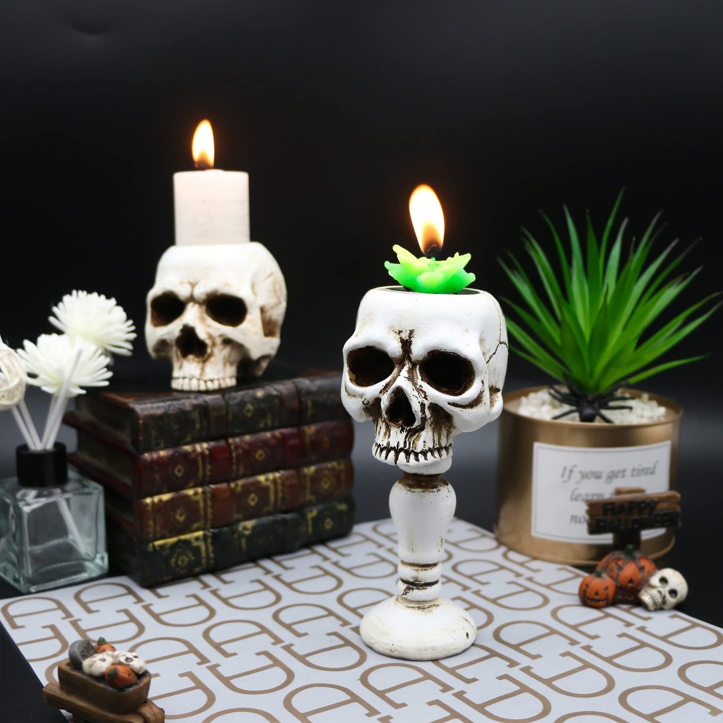 Skull Candle Holder - Gothic Tabletop Cranium Skeleton Head Candlestick Retro Spooky Desktop Tealight Cup Horrible Home Office Bar Party Graveyard Decor