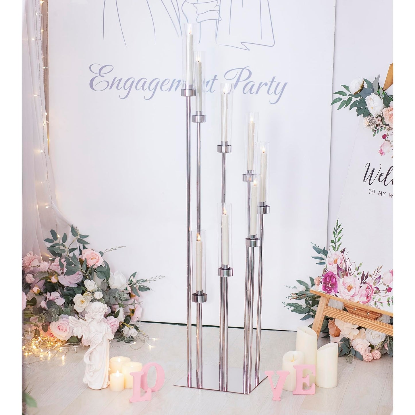 Floor Candle Holder with Acrylic Lampshade, 49.2in Tall Acrylic Candlestick Holder for Taper LED Candles, Silver Candelabra Centerpiece for Table Wedding Party Event Reception Home Decoration (Silver)