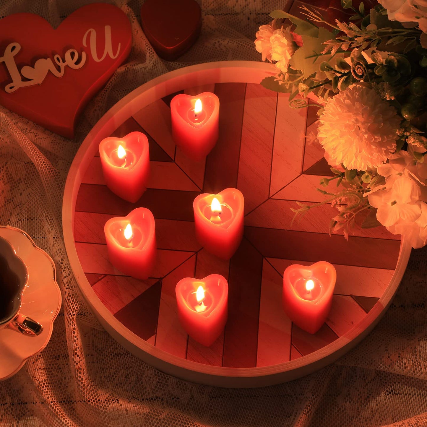 Honoson 6 Pcs 2'' x 1.65'' Red Heart Shaped Tea Lights: Long Lasting, Odorless, Modern, Solid Heart Candle for Valentine's Day, Wedding, Romance