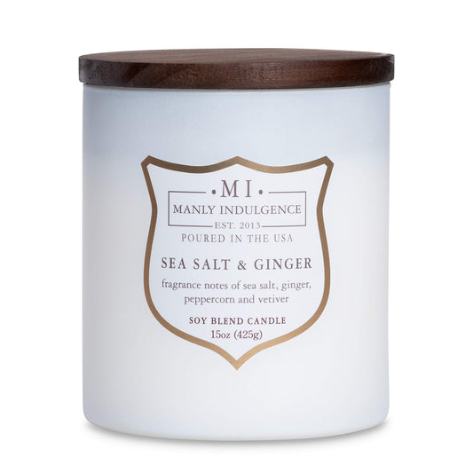 Manly Indulgence Sea Salt & Ginger Scented Candles for Men, 15 oz Wooden Wick, Premium Soy Blend Wax, 60H Burn, Candles for Home Scented - Made in The USA