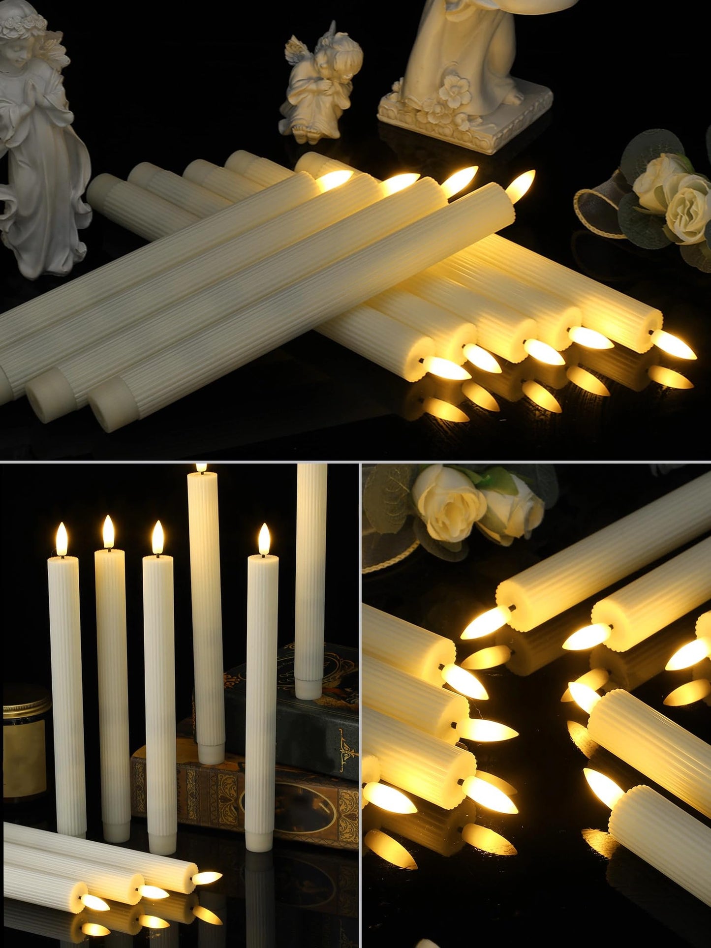 Treela 36 Pieces Flameless Taper Candles Flickering Faux LED Battery Operated Electric Fake Candles for Christmas Halloween Birthday Wedding Party(Ivory White,0.8x10 Inches,Vertical Stripes)