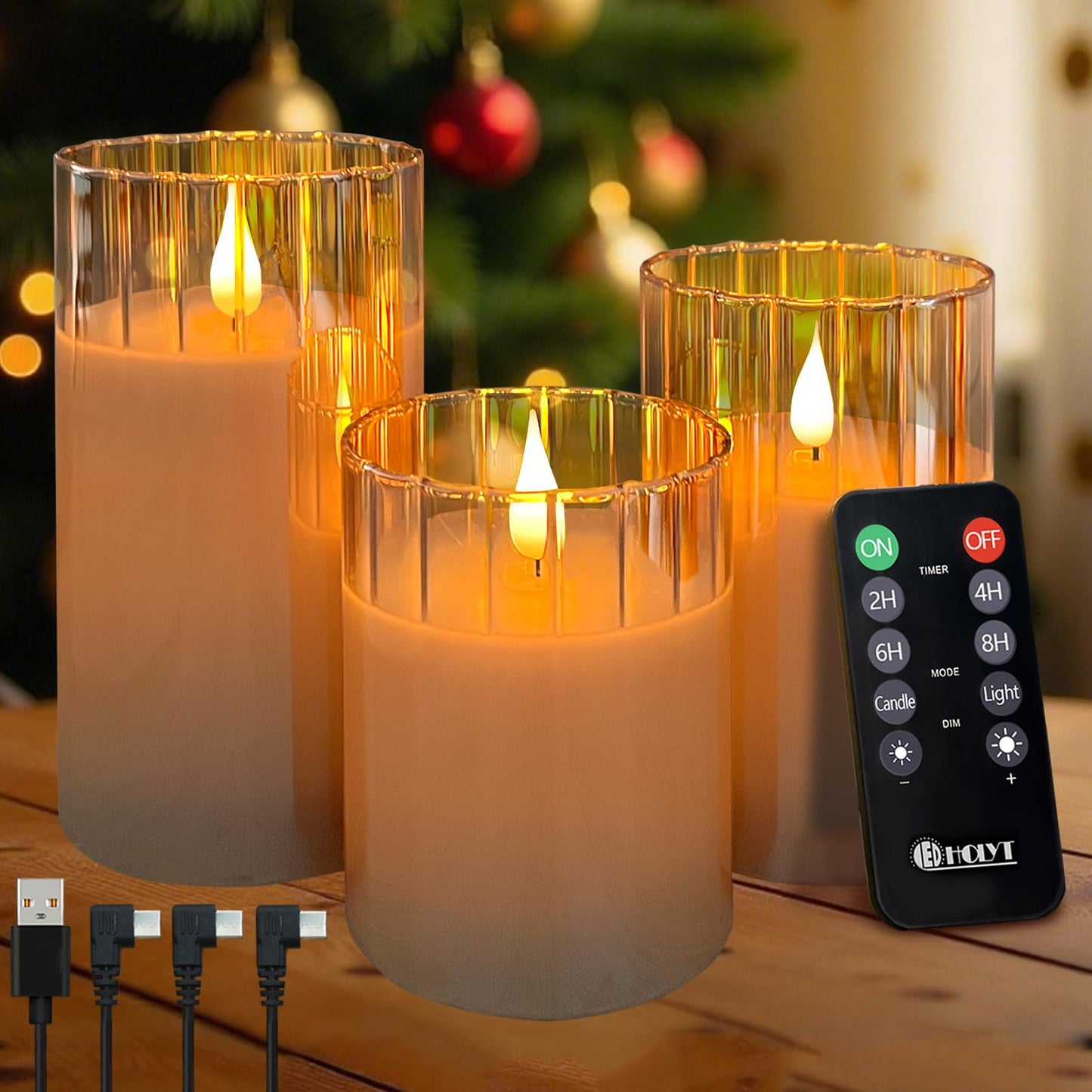 LEDHOLYT Rechargeable Flameless Candle, Flashing LED Pillar Real Wax Candle with Remote Control and Timer, Gold Stripes Glass Electronic Candles for Room Decoration, 1 Set of 3