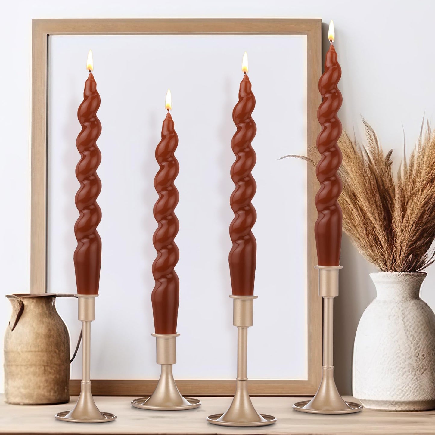 Zhengmy 4 Pcs Terracotta Spiral Taper Candle 7 Inch Twisted Long Wax Dinner Candlestick for Fall Halloween Christmas Holiday Valentines Wedding Birthday Baby Shower Table Decor(Solid)
