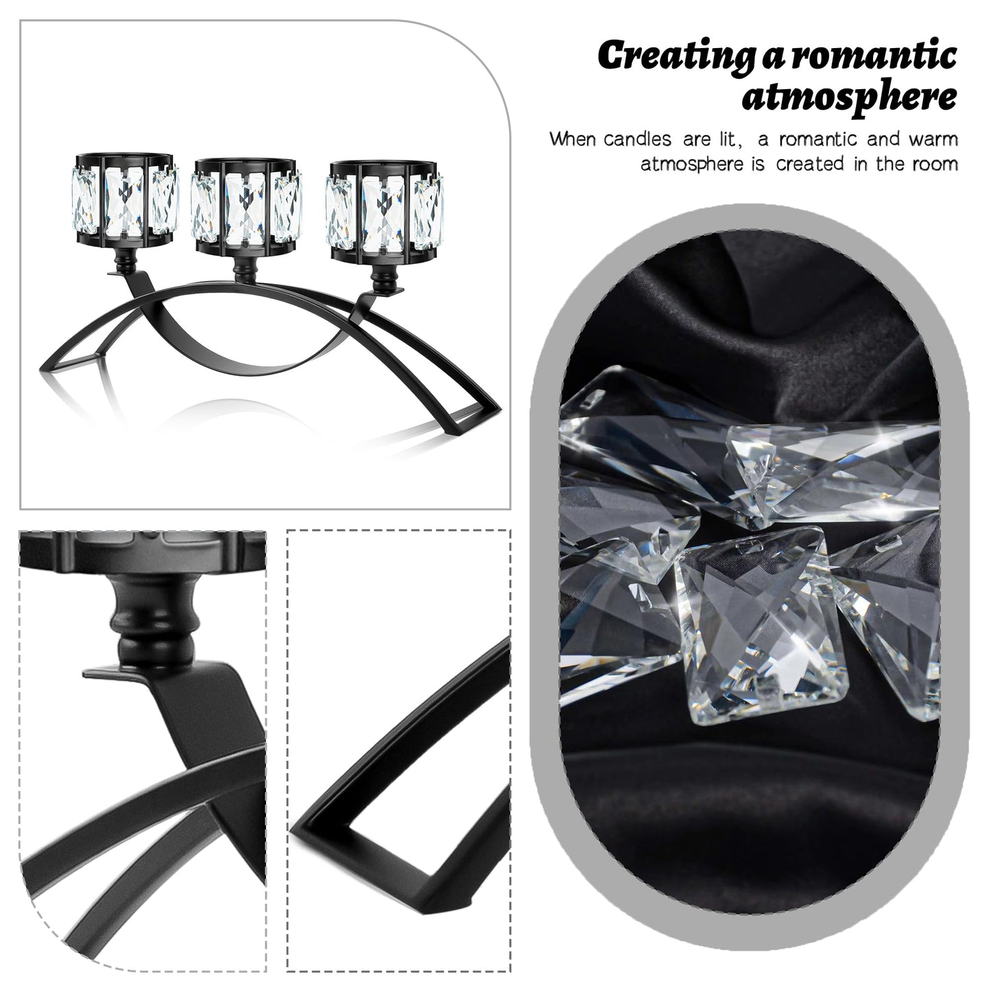 3 Arms Crystal Bowl Tealight Candelabra Votive Candle Stand, Wedding centerpieces for Tables Crystal Candlestick，Centerpiece Table Decorations (Black)