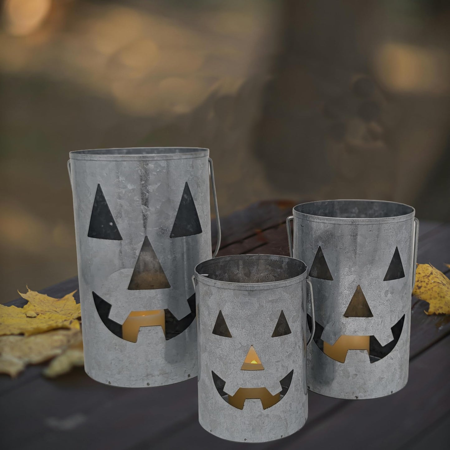 One Holiday Way Set of 3 Rustic Galvanized Metal Jack-o-Lantern Pumpkin Decorative Halloween LED Votive Candle Holder Lanterns - Indoor Outdoor Decoration - Spooky Country Farmhouse Party Home Decor